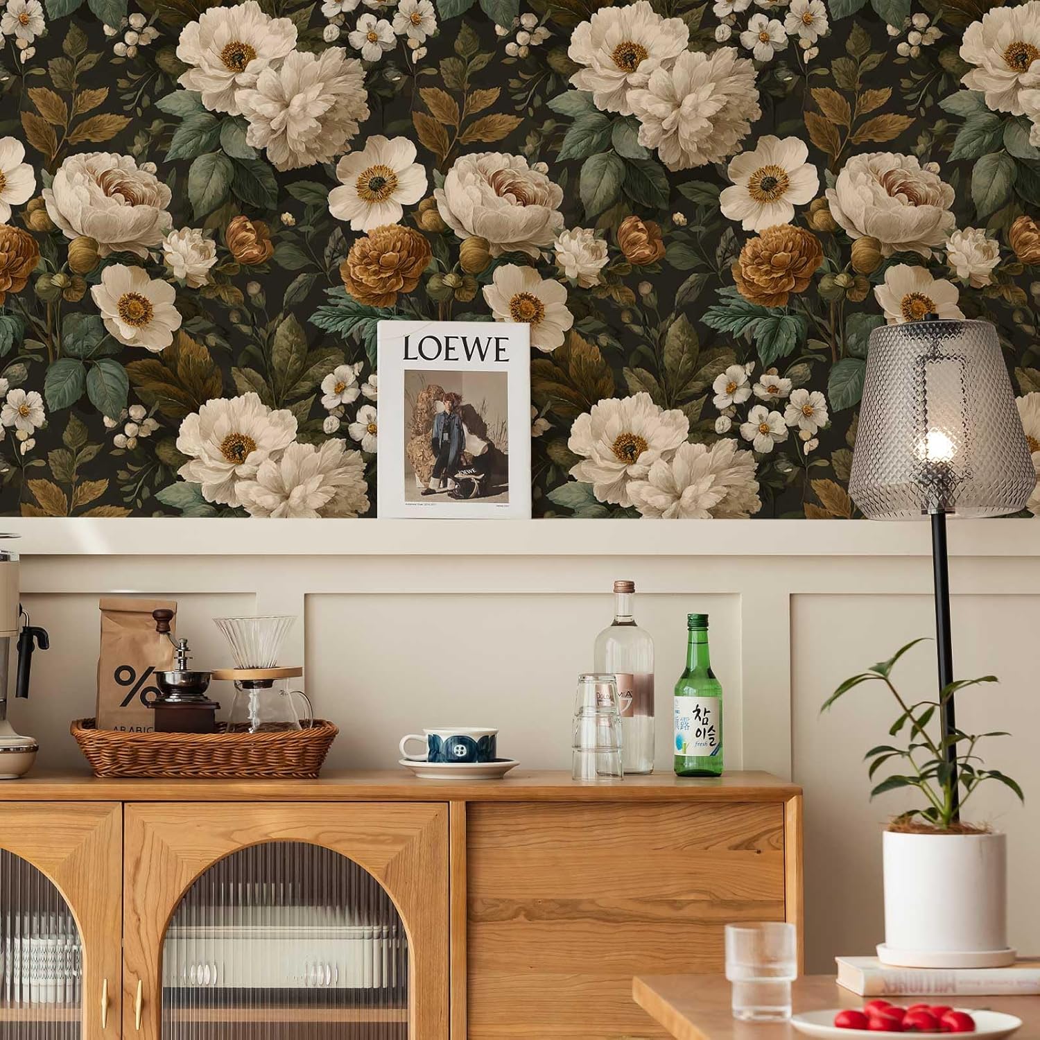 Classic European Floral Peel and Stick Wallpaper, Dark Vintage Botanical Wallpaper for Home Decor | Self-Adhesive, Waterproof Vinyl, 17.7" x 236"