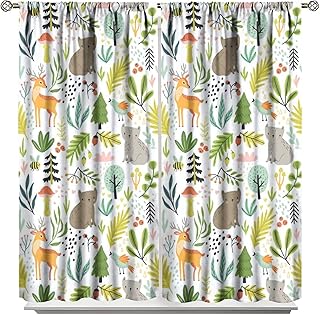 Cartoon Forest Kids Curtains,Cute Woodland Wild Animals Colorful Deer Plants Trees Print Pattern Thermal Insulation Blackout Window Drapes for Nursery Boys Girls Bedroom,White Background 42x45 Inch