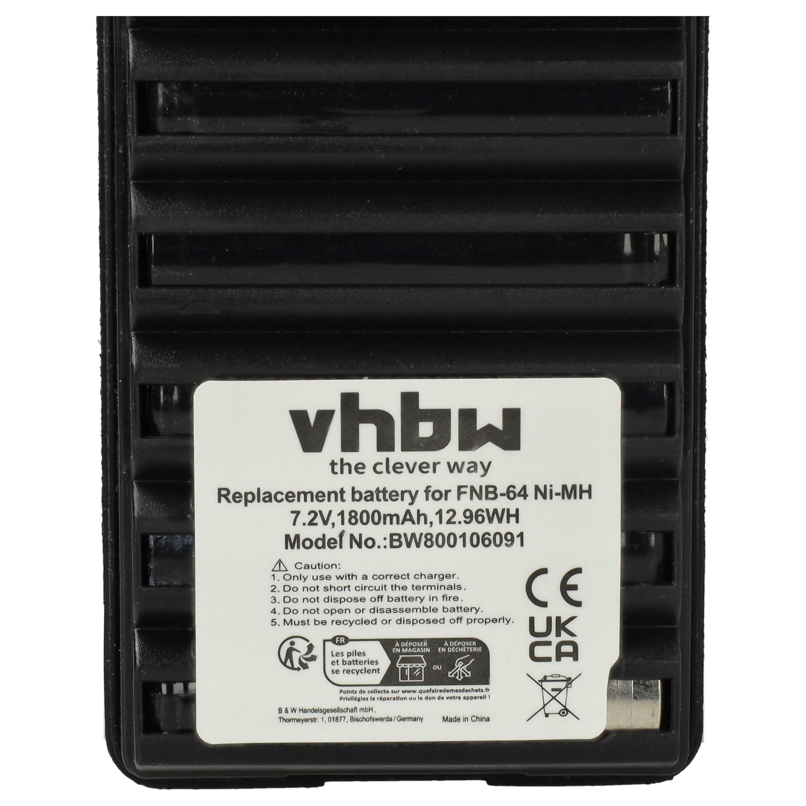 vhbw Batería Compatible con Yaesu Vertex FT-277R, FT-250R, FT-250E, FT60, FT-270R, FT-270E, FT-60 Radio (1800 mAh, 7,2 V, NiMH)