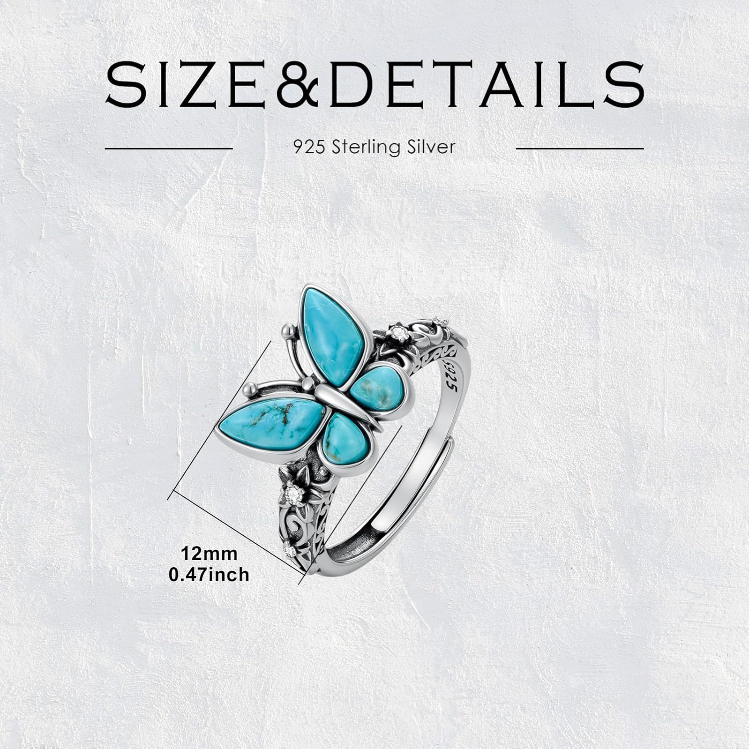 Natural Turquoise Butterfly Adjustable Ring for Women 925 Sterling Silver Genuine Turquoise Jewelry Gifts for Mom Wife Grandma Girlfriend