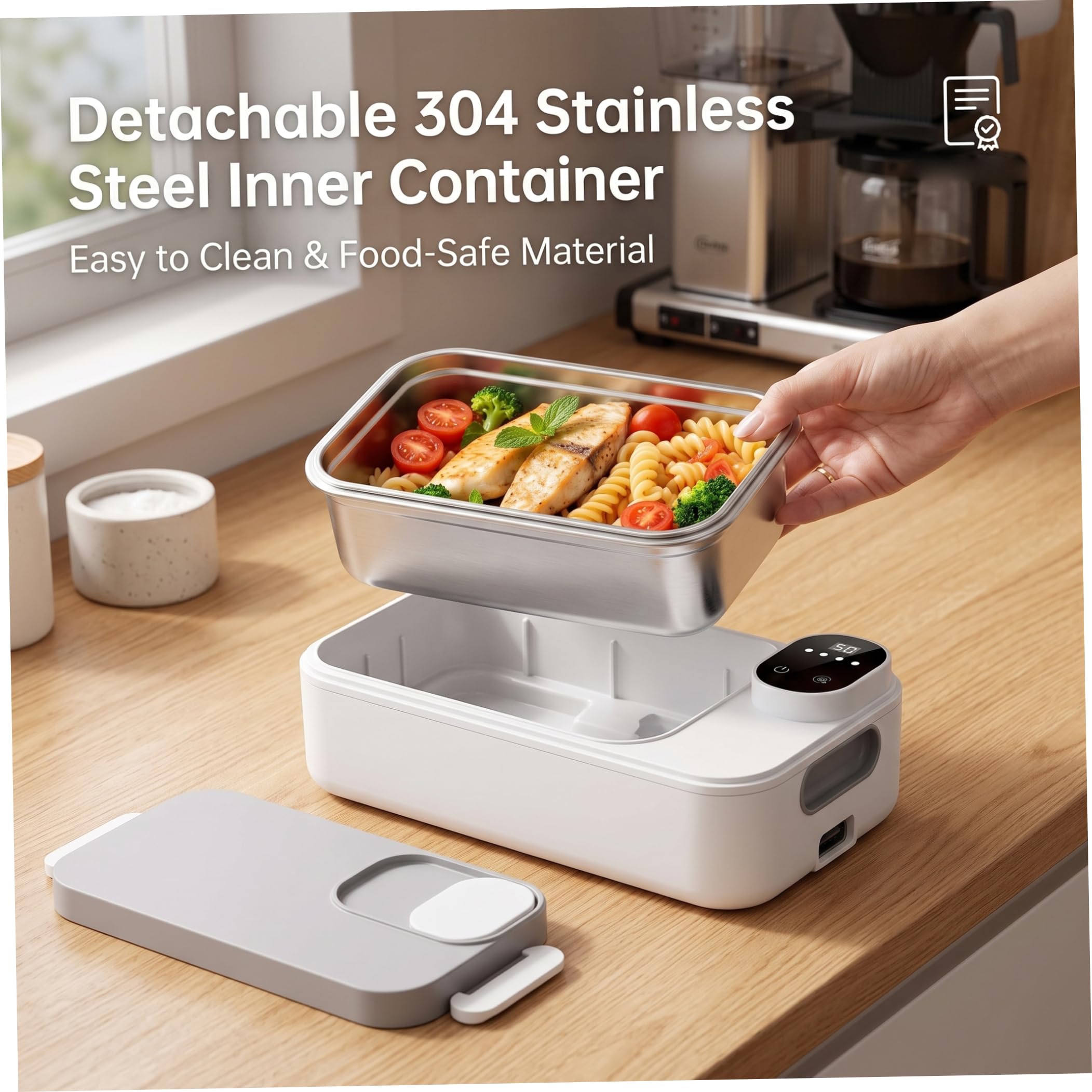 Fiambrera eléctrica portátil, 4 configuraciones de temperatura Calentador de almuerzo eléctrico Recargable Sin agua Sin enchufe Calentador de alimentos portátil a prueba de fugas Gris