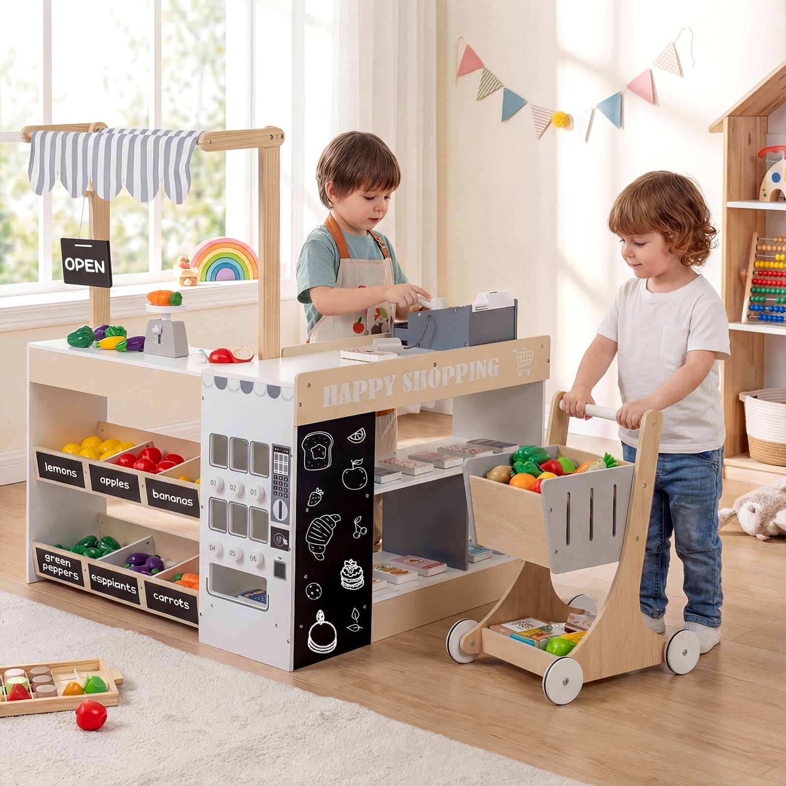 FANTASK Holz Kinder Kaufladen, Kaufmannsladen mit Einkaufswagen, Verkaufsautomat Spielzeug, Kasse & Spiellebensmittel, Supermarkt Spielzeug für Kinder 3+ Jahre