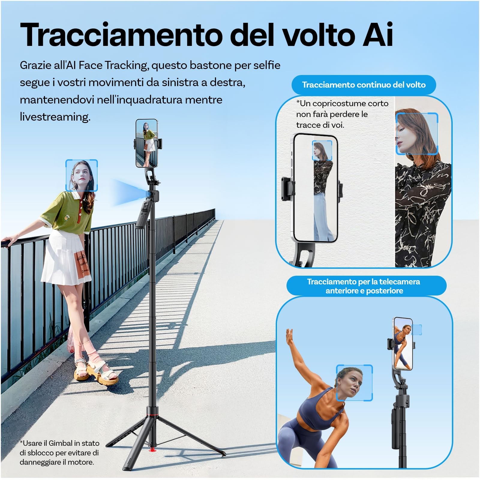 Treppiede per Tracciamento Automatico del Volto di MMOBIEL – 360° Rotazione AI con Controllo Gesti, Bluetooth 5.4 e Telecomando - Estendibile 1,76m, Treppiede Auto-Apertura per iPhone, Android, GoPro