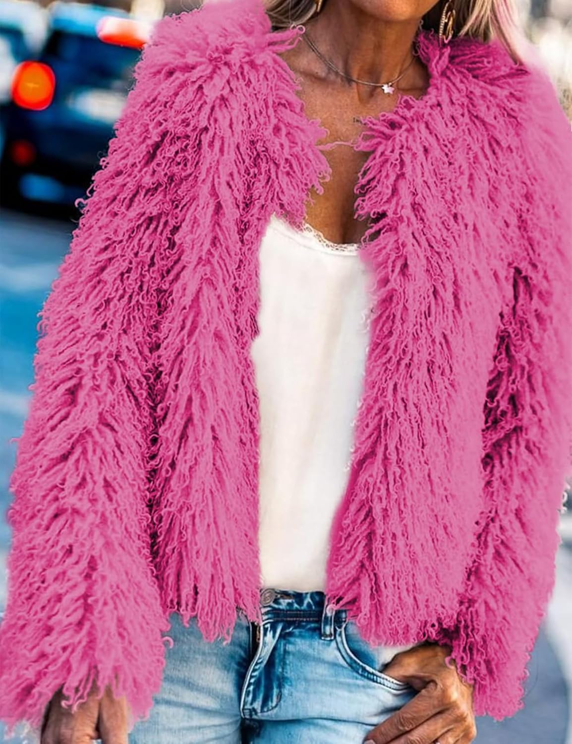 Aoang Women's 2026 Winter Coats Fleece Cropped Jacket Faux Fur Long Sleeve Shaggy Warm Outerwear Fall Clothes