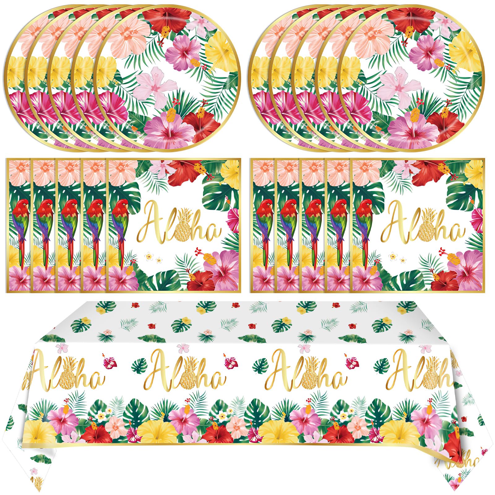 Aloha Hawaiian Party Decorations,Tropical Luau Party Supplies Kit for 20 Guests with Paper Plates,Napkins,Tropical Palm Leaves Disposable Tablecloth |