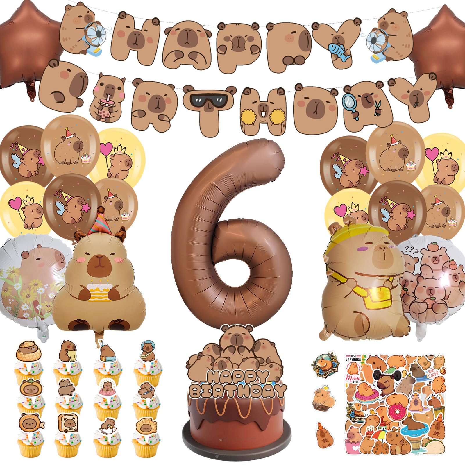 AUNGKWANG Capybara Birthday Decoration 6/7/8/9/10/11/12 Years Boy Girl, 99 Pieces Capybara Decoration Birthday Set with Balloons Banner Cake Decoration and Stickers, for Children's Birthday Party