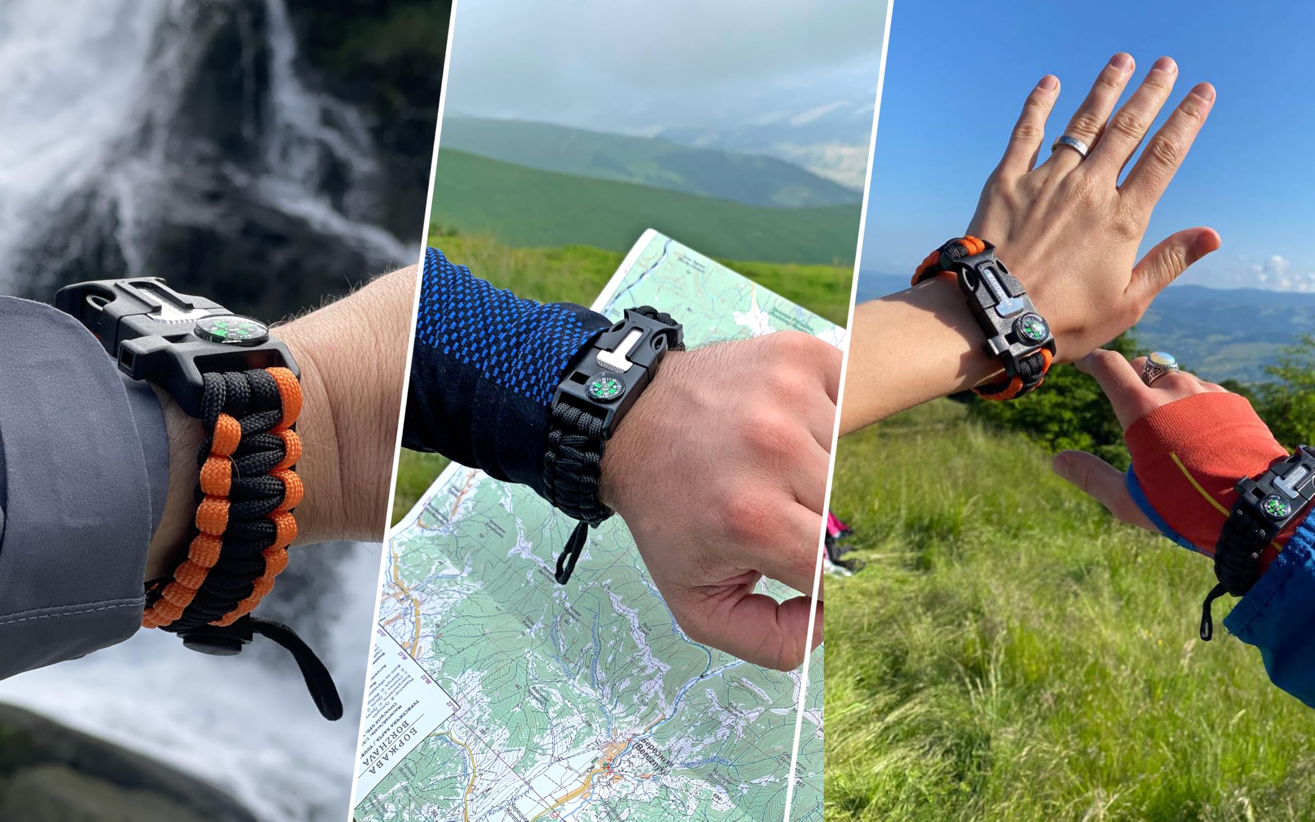 aZengear Pulsera de Supervivencia Paracord (Par) Iniciador de Fuego de Ferrocerio, Silbato, Brújula, Mini Sierra, Cuerda de Rescate Fuerte, Tamaño de Banda Ajustable, Camping, Kit de Emergencia