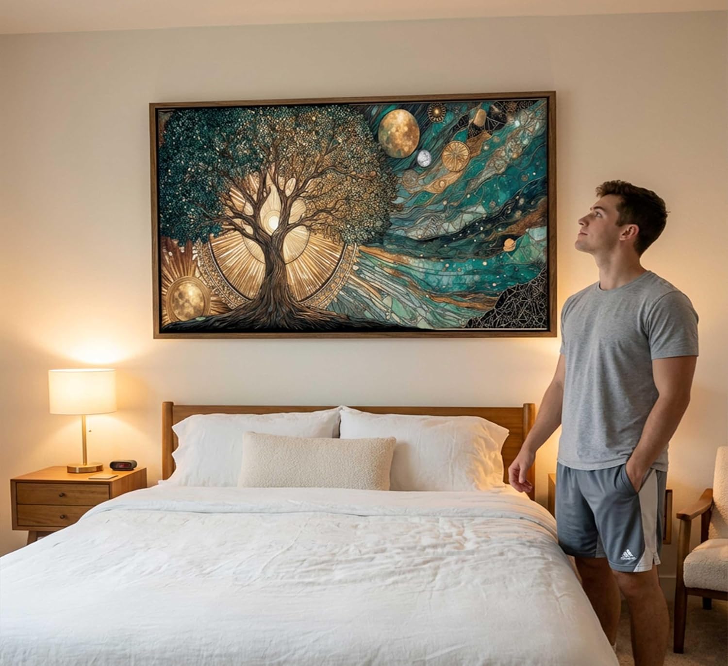 Large Framed Tree Of Life Wall Art Green Gold Abstract Wall Decor Sun And Moon Picture Painting Modern Landscape Nature Canvas Prints For Meditation Corner Yoga Room Living Room Bedroom 40x20in