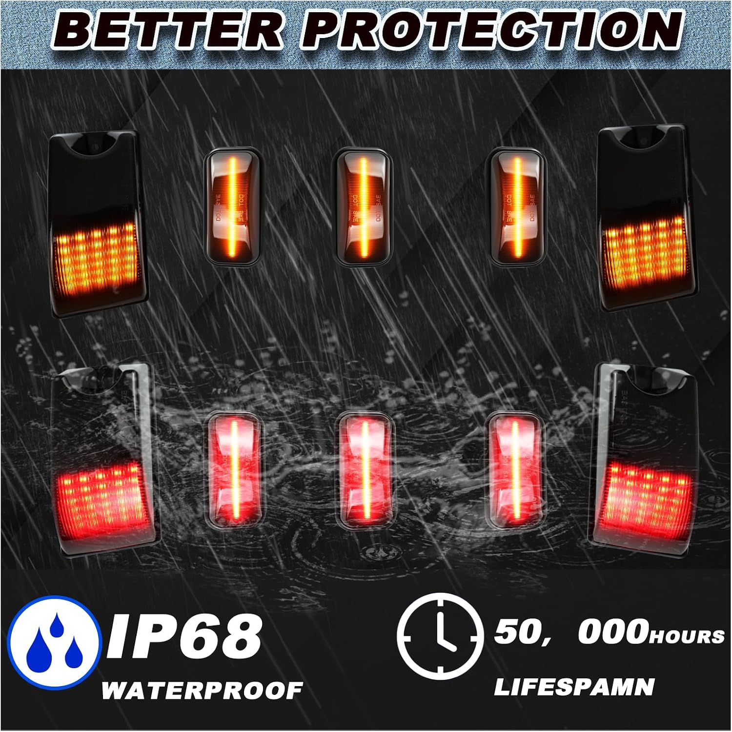 Smoked Lens LED Roof Light Kit (10-Piece) for Hummer H2 (2003-2009) & H2 SUT 2005-2009 - Amber Front/Red Rear Top Clearance Marker Lamps | Direct Halogen-to-LED Replacement