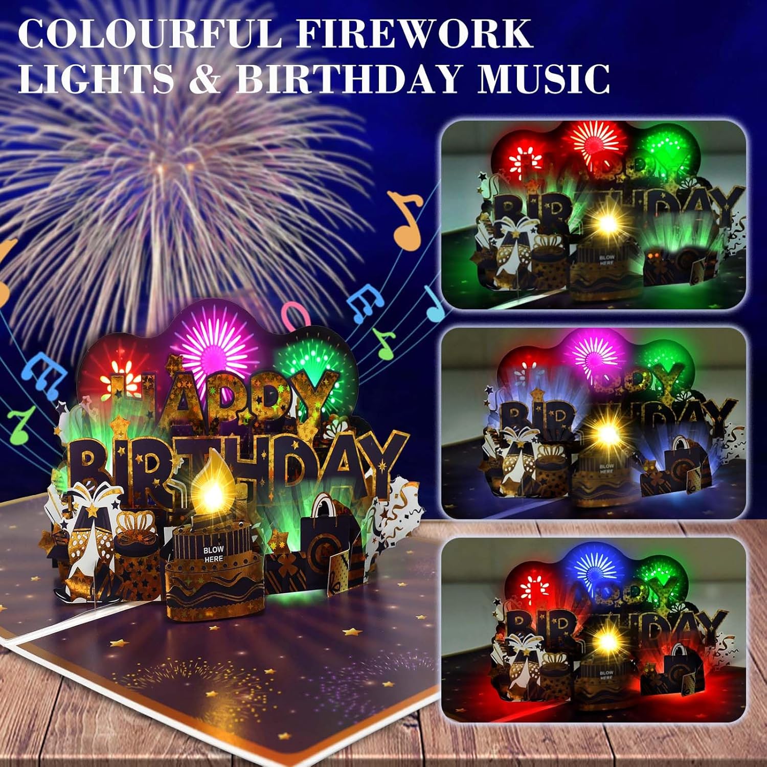 Ecloverlife Musical Birthday Cards, Music & Firework Lights Birthday Card for Men, 3D Pop-up Blowable Candle Happy Birthday Card/Gift for Men, Women, Kids, Boys, Girls, Husband, Grandson
