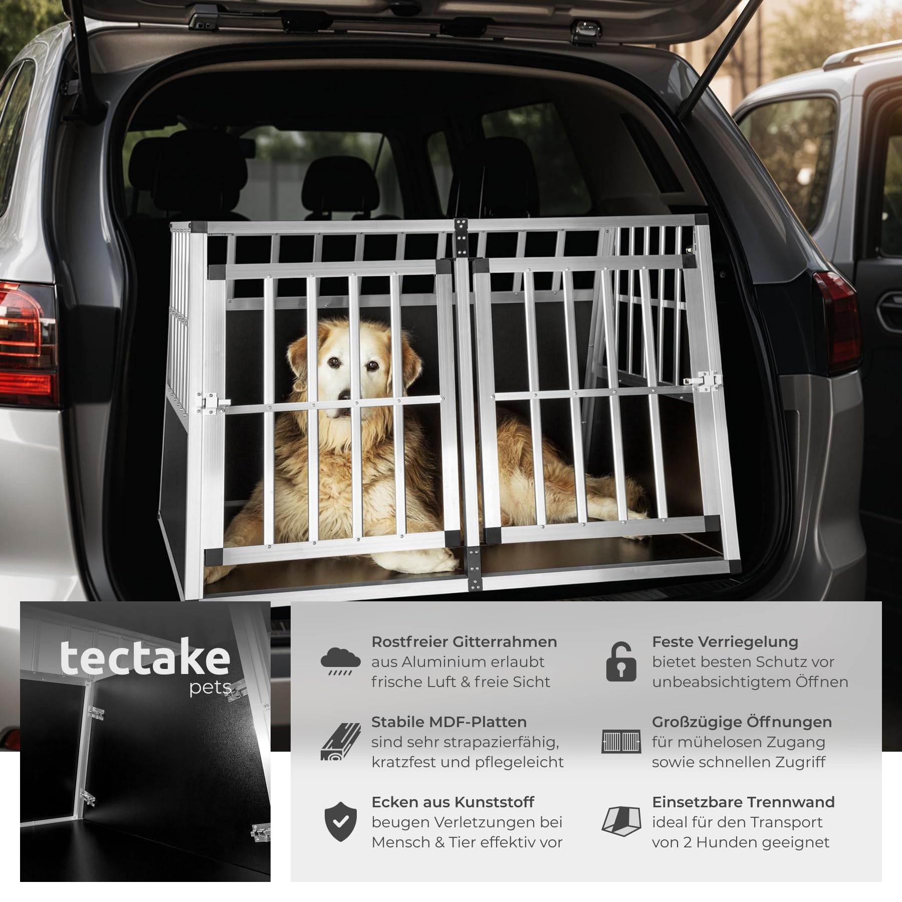 tectake® große Hundebox Auto oder Hundebox für Zuhause. Aluminium Doppel Hundetransportbox mit Trennwand, leicht und stabil, Auto Kofferraum Transportbox für bis zu 2 Hunde 104x90,5x69cm