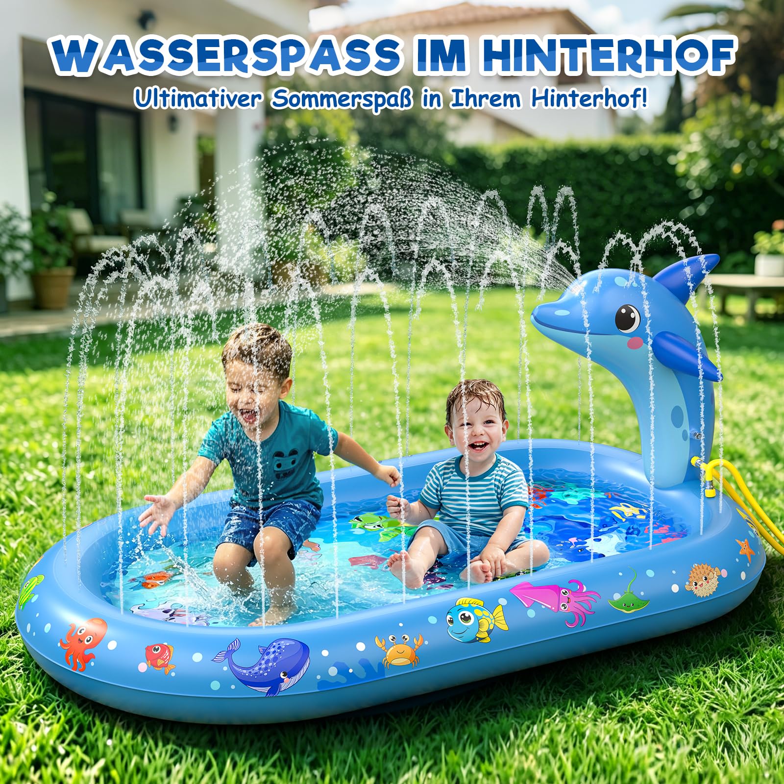 Planschbecken für Kinder, 3 in 1 Delfin Kinderpool, Planschbecken Baby, Watermatte für Kind, Verdicktes Material mit Wasserschlauch, Sommer Garten Wasserspielzeug für Jungen und Mädchen ab 1 Jahr