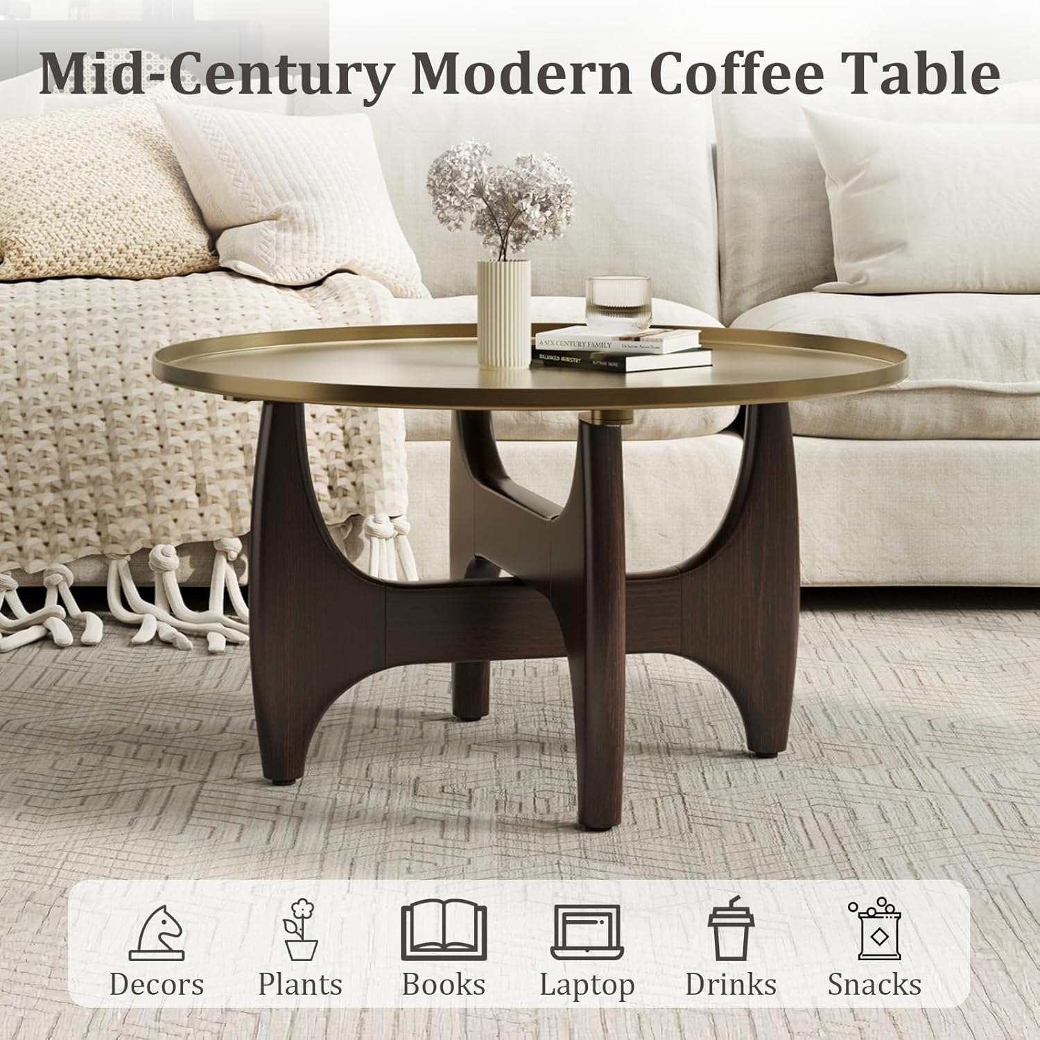 Mid Century Modern Round Coffee Table, Small Center Table with Stainless Steel Top and X-Shaped Wood Base for Living Room, Bedroom, Home Office, Walnut