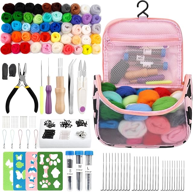 dipeer 228 Pcs Needle Felting Starter Kit, 50 Colors Wool Roving for Felting, Practical Carry Bag with Basic Felt Tools and Supplies, DIY Felting Suit with Colorful Felt Mold for Craft Lovers