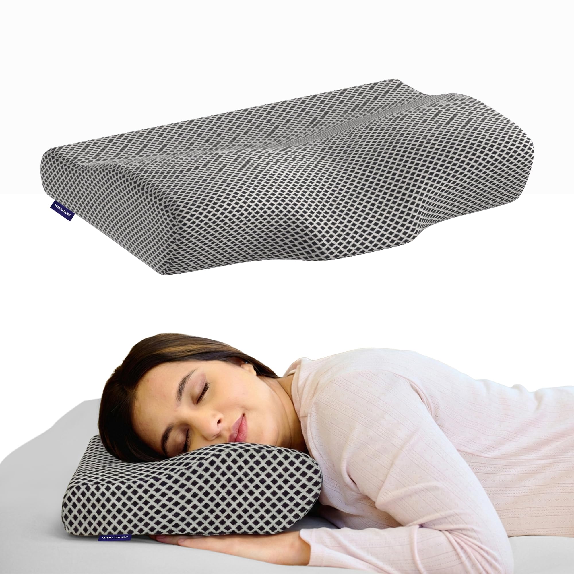 WELLGIVER Cervical Memory Foam Pillow for Neck Pain | 2 Year Warranty | 19 x 11 x 4 Inch Standard | Orthopedic Pillow Spondylitis NecK Shoulder Pain | Washable Jacquard Midnight Blue Cover | Pack of 1 discount deal