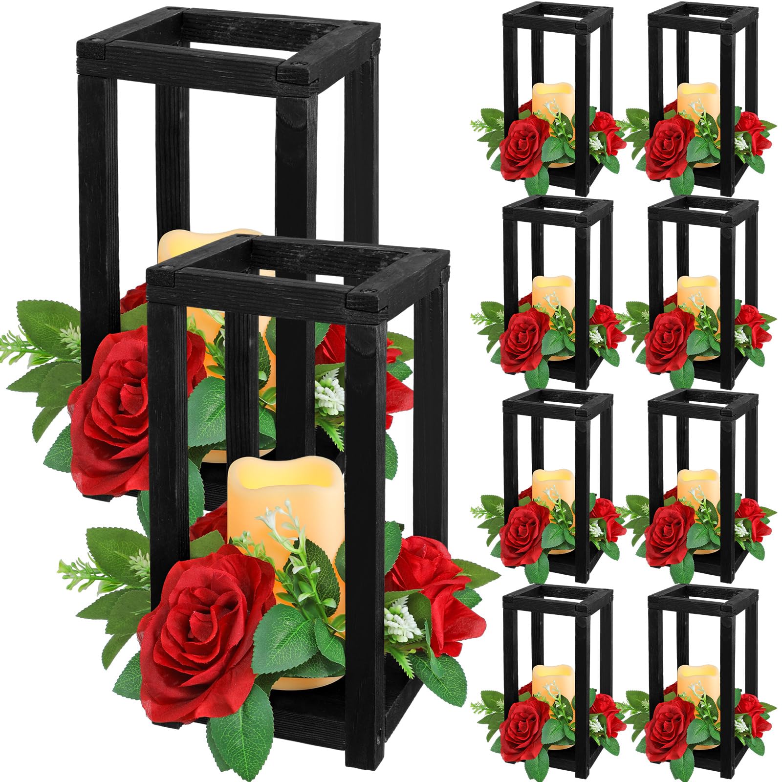 Photo 1 of Hushee 30 Pcs Integrated Wedding Lantern Centerpiece Rustic Wooden Holder with Candles and Rings Farmhouse Candle Lantern Decor for Home Valentine Wedding Party Table Decor (Black and Red)