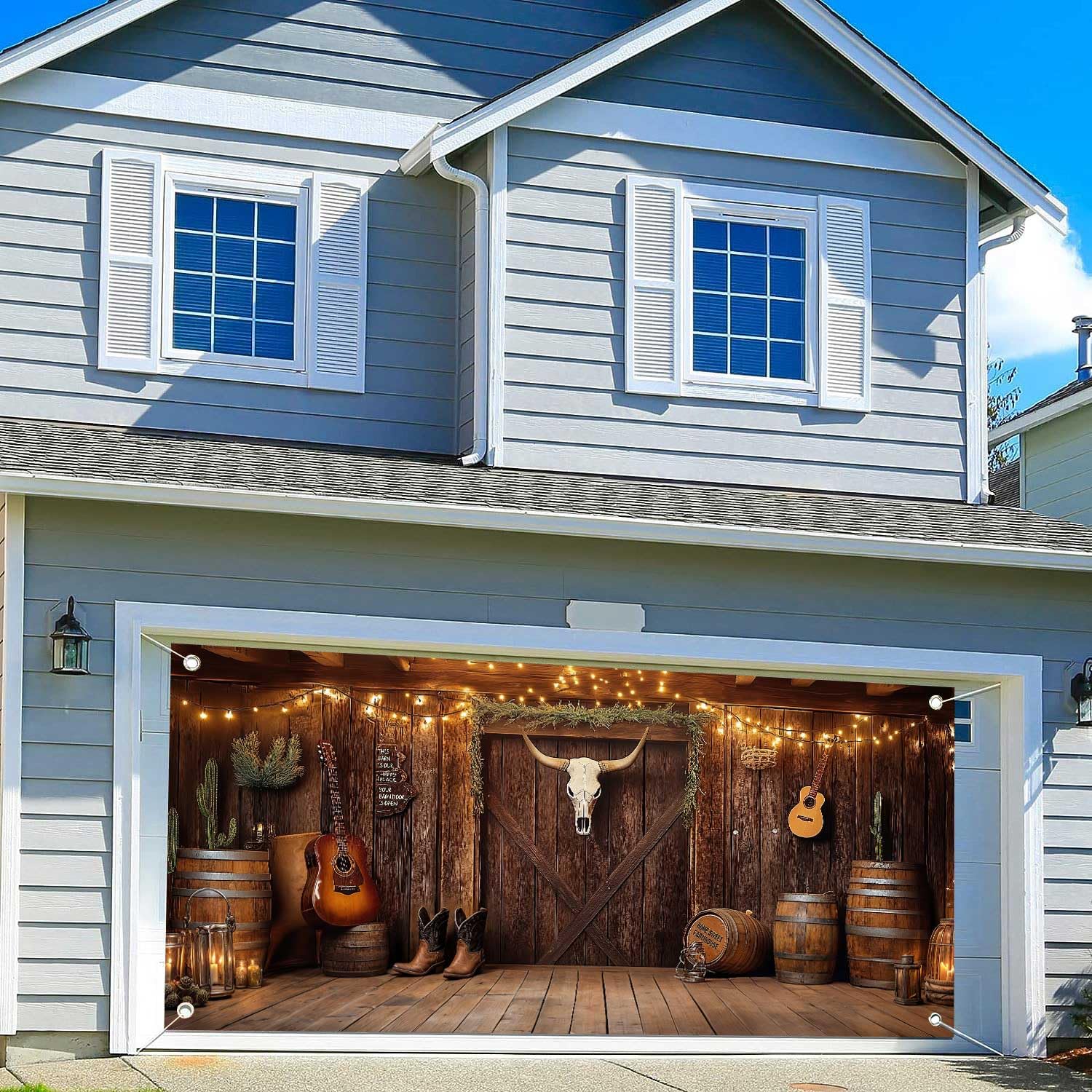 16X7FT Western Cowboy Garage Door Decorations Farmhouse Rustic Wooden Barn Door Cover Banner for Outdoor Rodeo Countryside Style Kids Boy Girl Party