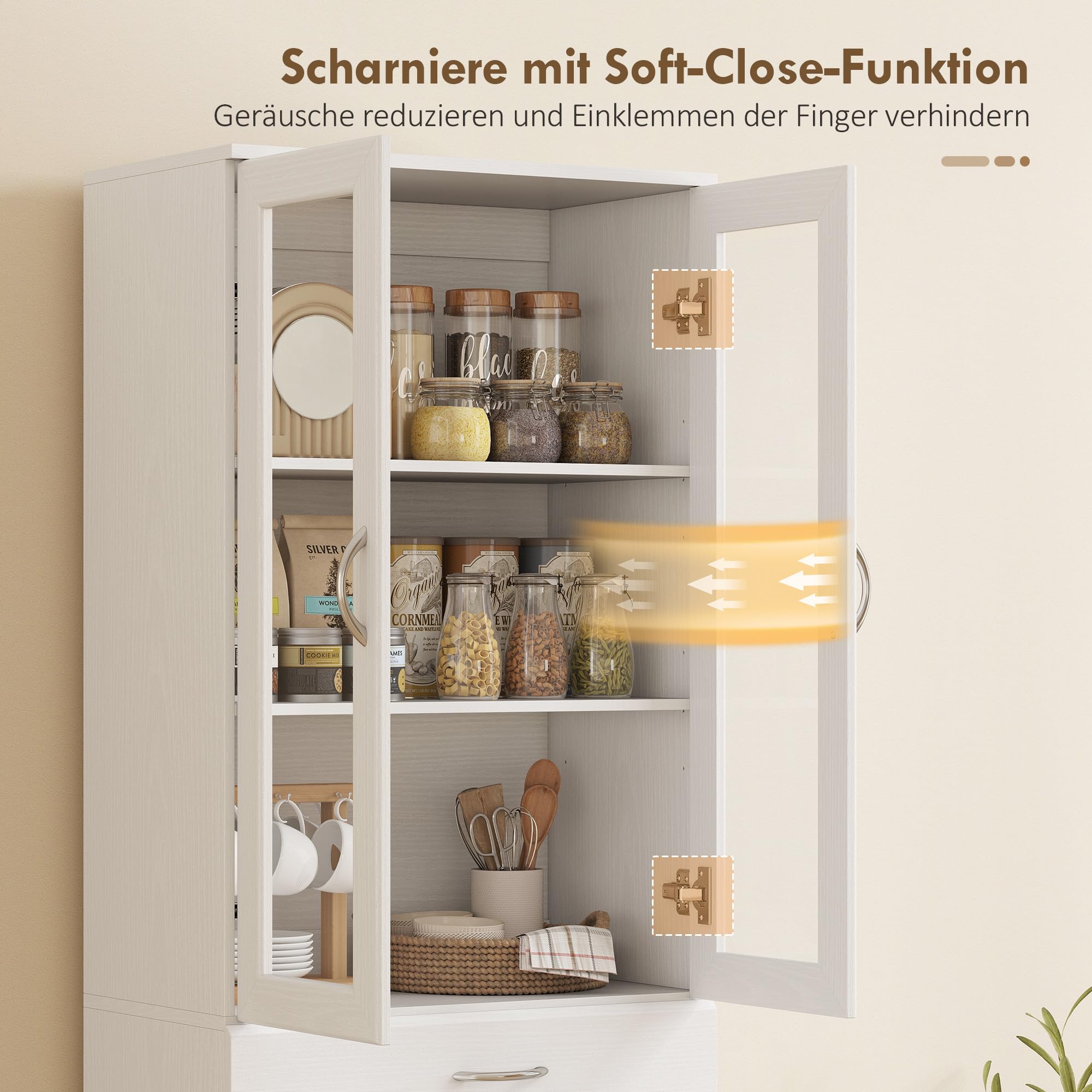 HOMCOM Küchenschrank mit Verstellbarem Regal 60 x 35 x 180 cm Weiß | Buffetschrank, Schublade, 2 Schrank, Hochschrank mit Glastür, Soft-Close-Funktion, für Küche Esszimmer Wohnzimmer