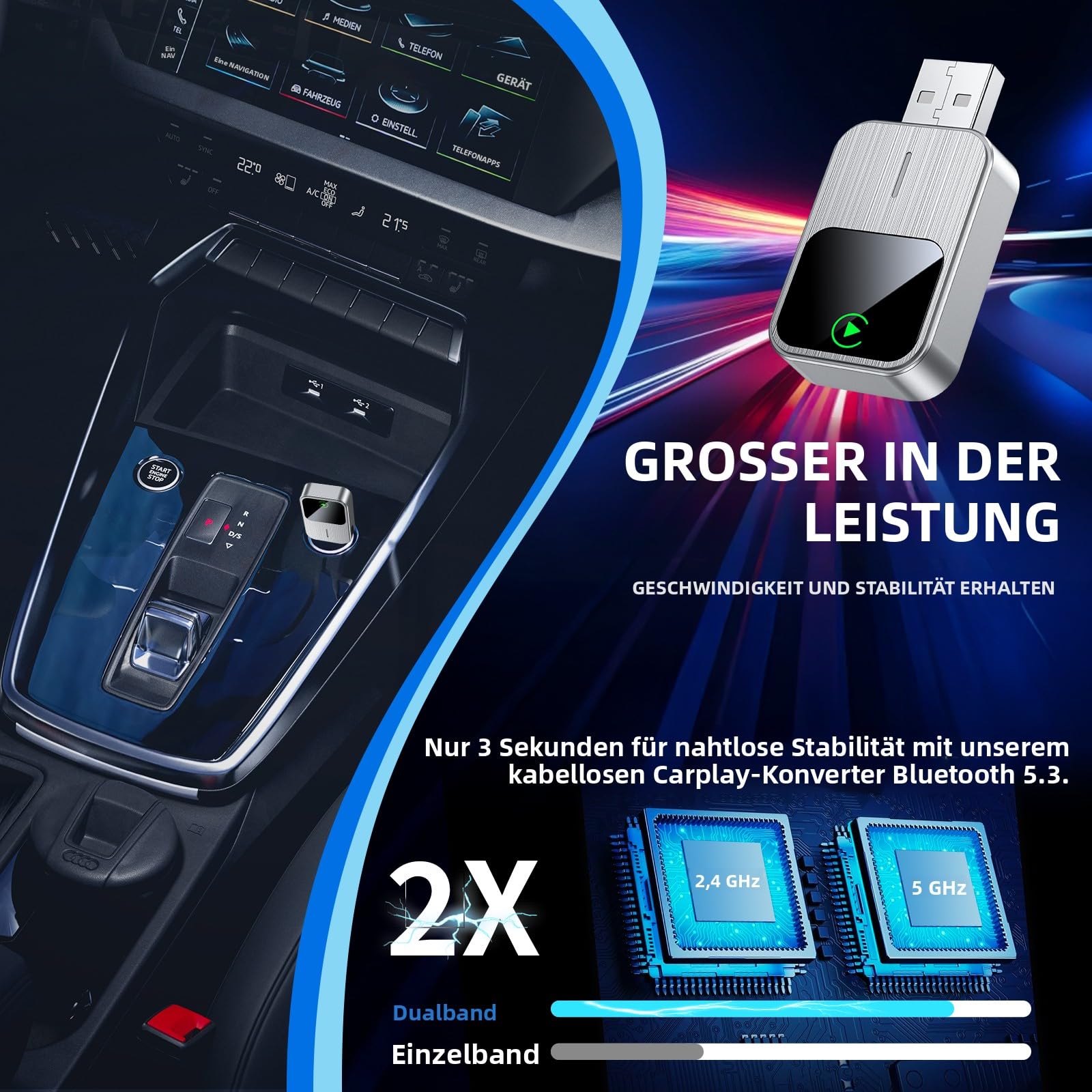 Wireless CarPlay Adapter für iPhone,Plug & Play, schnelle & stabile Verbindung, kompatibel mit Autos ab 2016, mit Reset-Taste (nur iOS)
