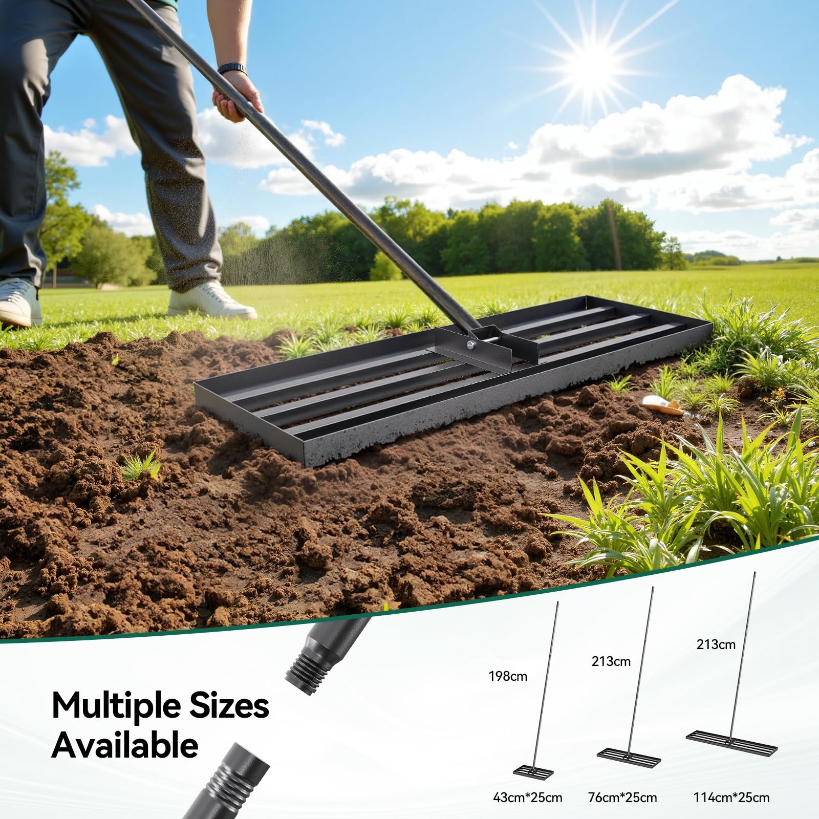 Warmiehomy Rastrillo de jardín de 76 x 25 cm, rastrillo de hojas para jardinería con mango ajustable de 213 cm, herramienta de nivelación de césped resistente para ahorrar esfuerzo, nivelador de patio
