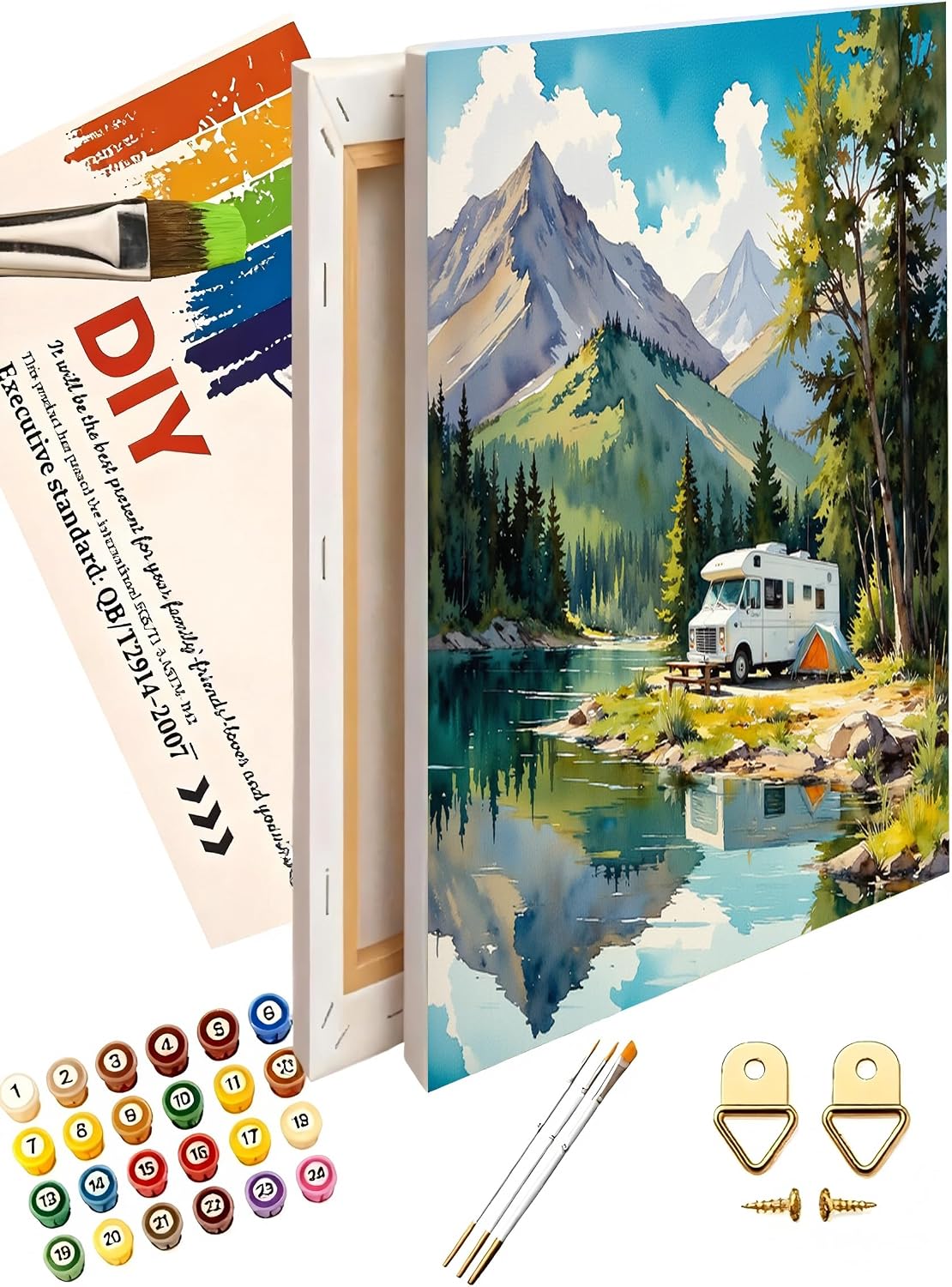 Share Young Landscape Paint by Numbers Kit for Adults - DIY Mountain Lake Camping Scene with RV Painting on Canvas 12X16IN Framed, Acrylic Paint Set, Suitable for Beginners, Art for Home Decoration