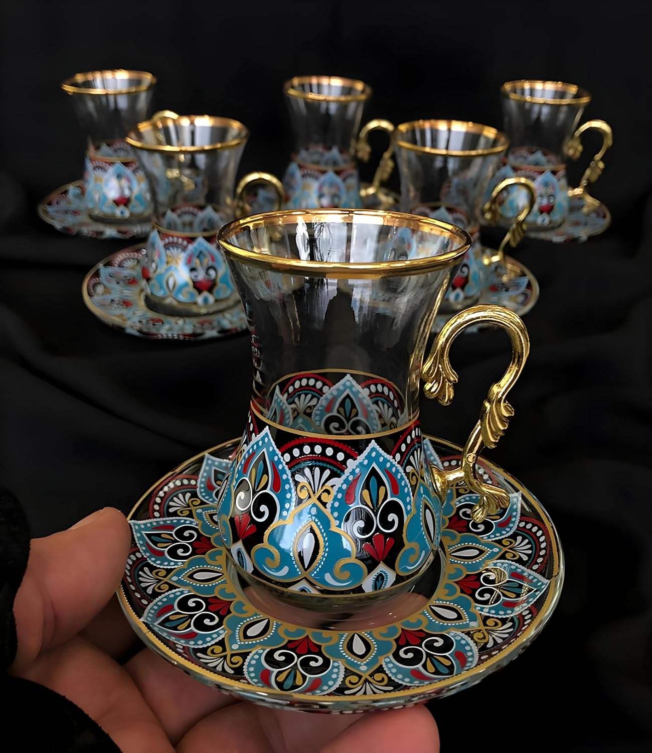 Handcrafted Turkish Tea Glass Set of 6 with Saucers and Handles – Vintage Style Decorated Glassware – Elegant Arabic, Persian, Moroccan Traditional Tea Cups for Tea Ceremony (Blue-Patterned)