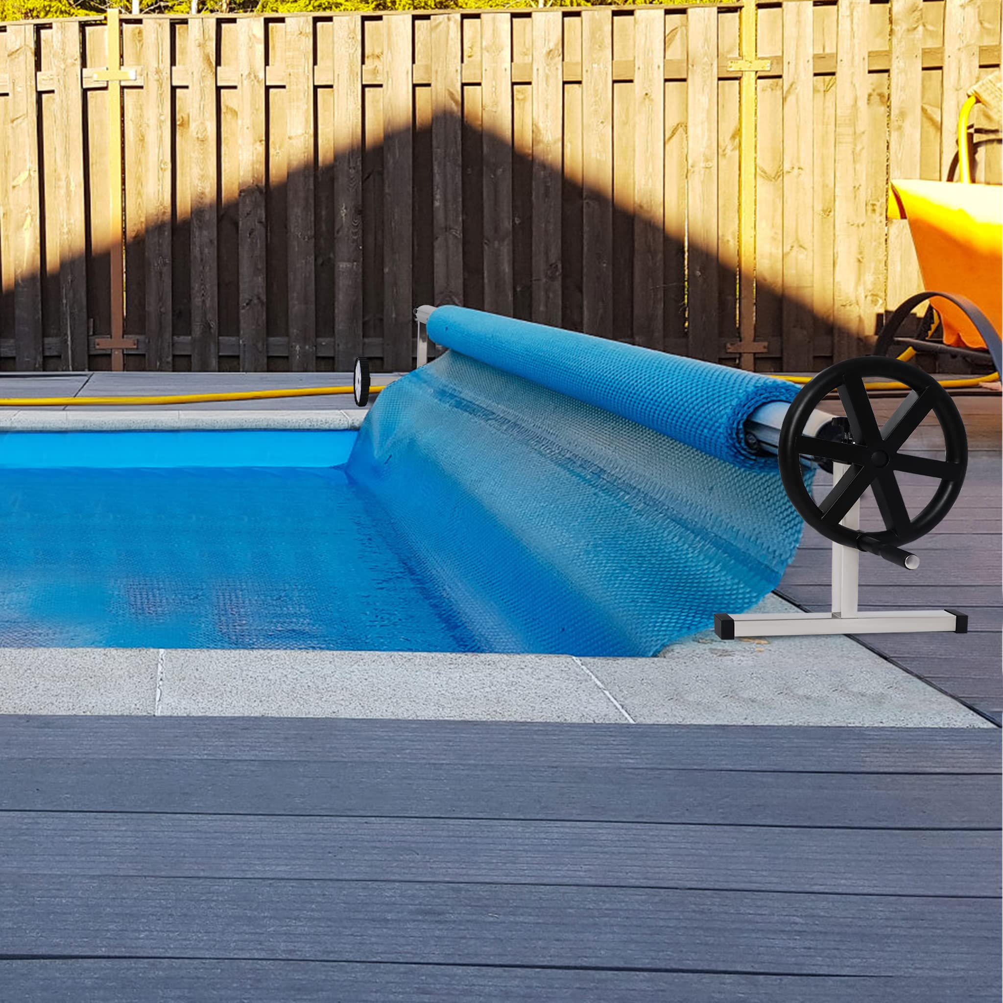YUENFONG Sistema Enrollable móvil de Acero Inoxidable para Lona Solar, Lonas de Piscina, Enrollable móvil Ajustable, con Ruedas y Correas, Material Resistente a la Intemperie (3m-5,70m)
