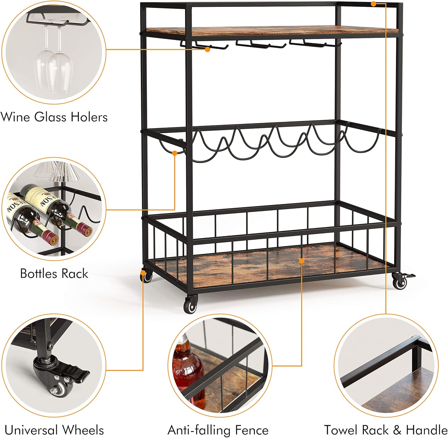 Industree Serving Cart on Wheels, 3-Tier Bar Cart with Wine Rack, Modern Wood and Metal Portable Coffee Cart Table for Home, Romantic Rustic Brown and Elegant Black, Family Party Cart(Max) - Bar & Serving Carts