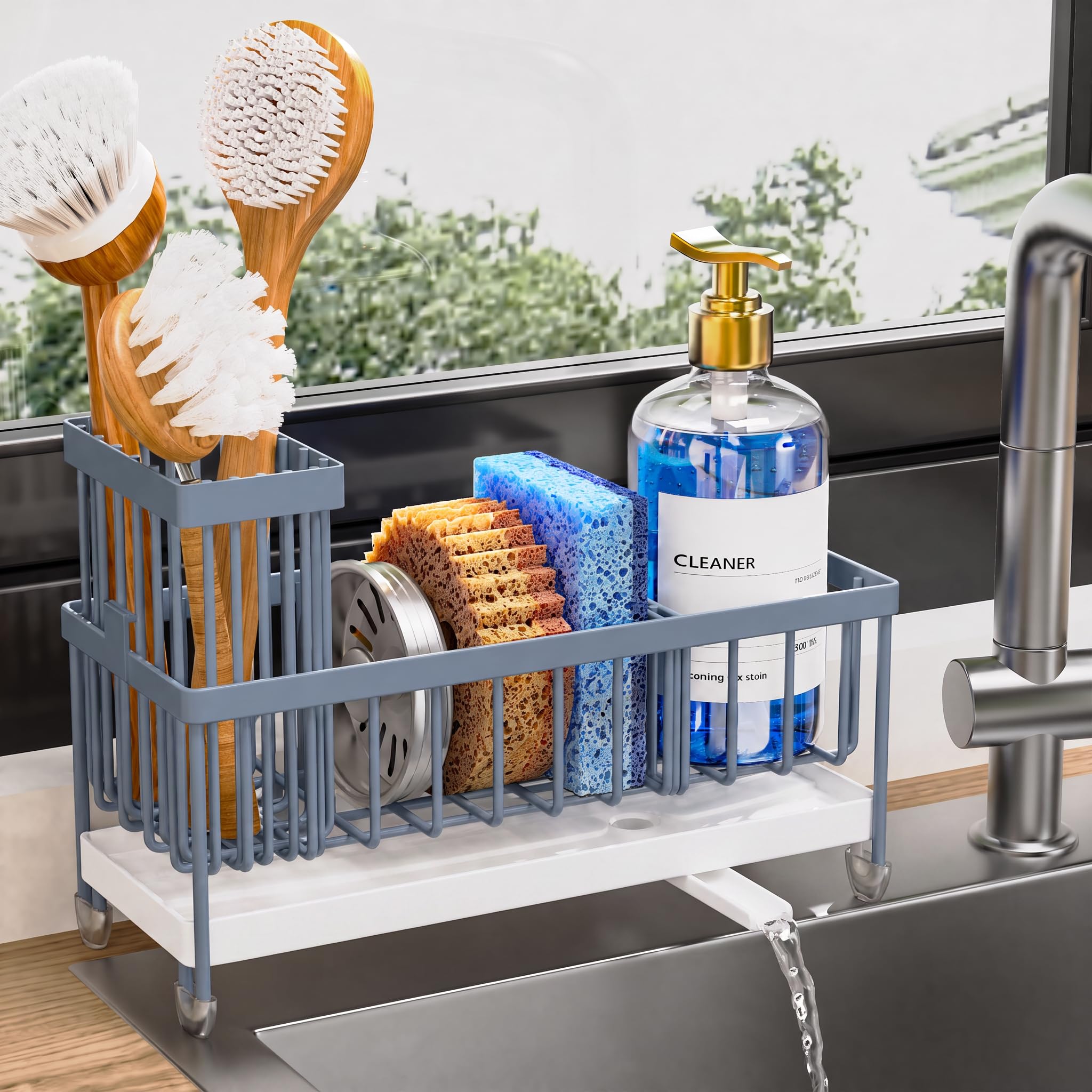Cisily Sponge Holder for Kitchen Sink, Sink Caddy Organizer with High Brush Holder, Kitchen Countertop Organizers and Storage Essentials, Rustproof 304 Stainless Steel (Gray Blue, 9.25″)