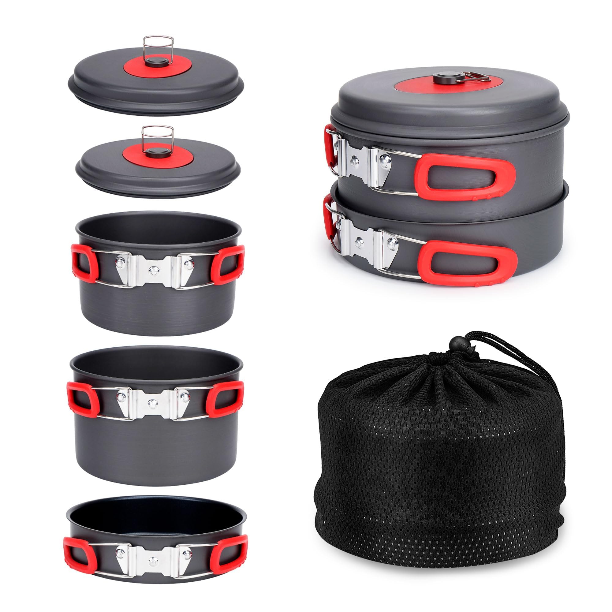 ALocs Camping-Kochgeschirr-Set, leichte Aluminiumtöpfe und -pfannen mit antihaftbeschichteter Bratpfanne, kompaktes, stapelbares Camping-Kochset zum Wandern, Trekking und Kochen im Freien