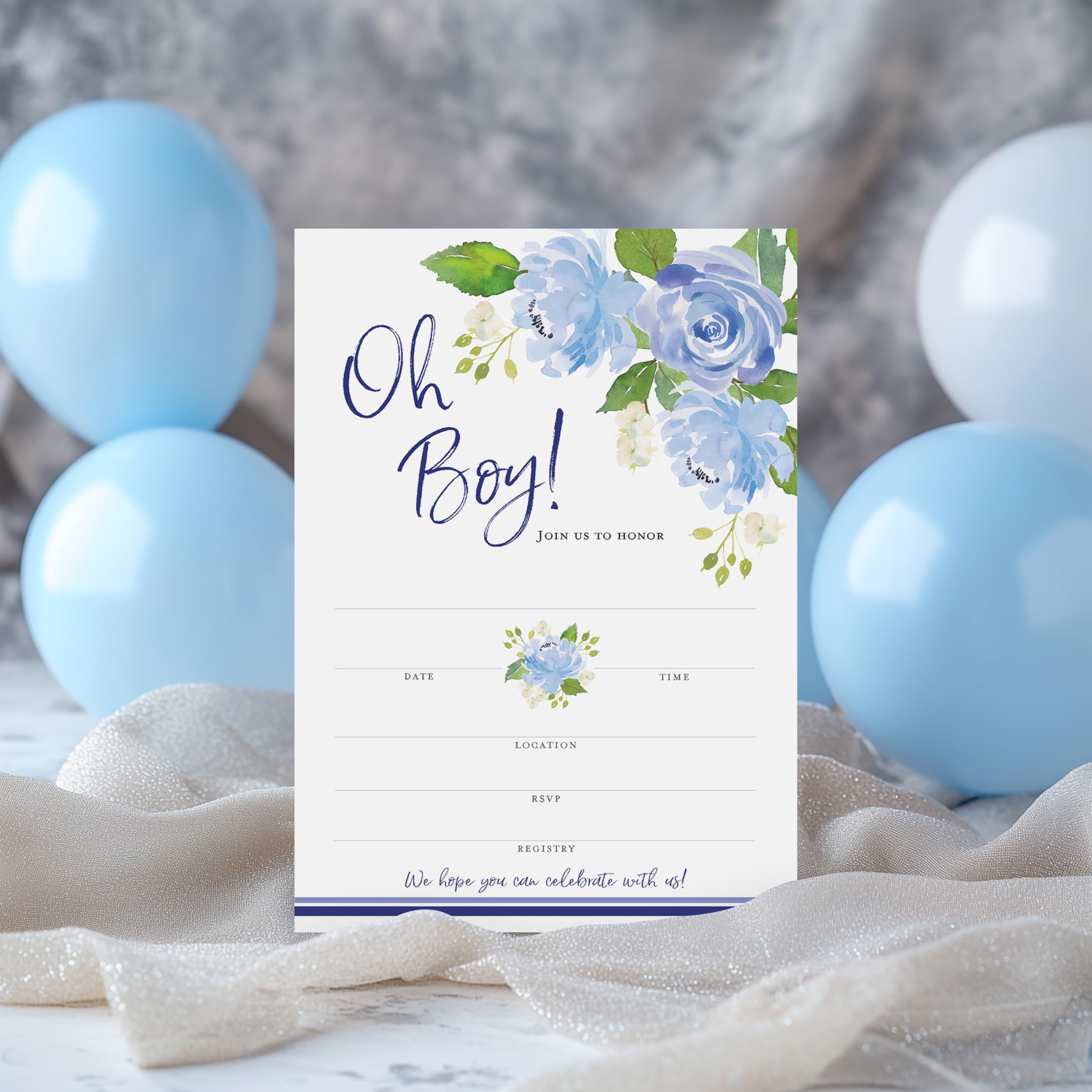 DYIRBIIY Babyparty Einladungskarten 'Oh Boy!' - 25 Stück Mit Umschlägen, Minimalistisch In Blau