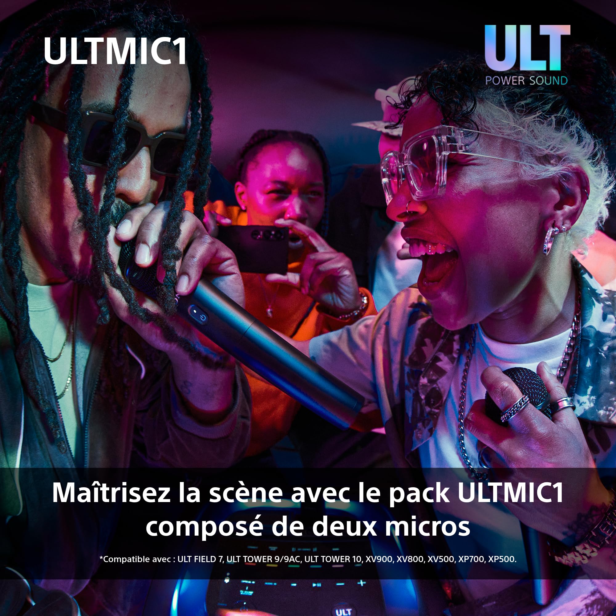 Sony ULTMIC1 - Pack de 2 Microphones sans Fil et récepteur, réduction de Bruit avancée, Duet Assist, Batterie de 20h, résistant aux Chocs, Parfait avec Les Enceintes festives ULT Power Sound - Noir