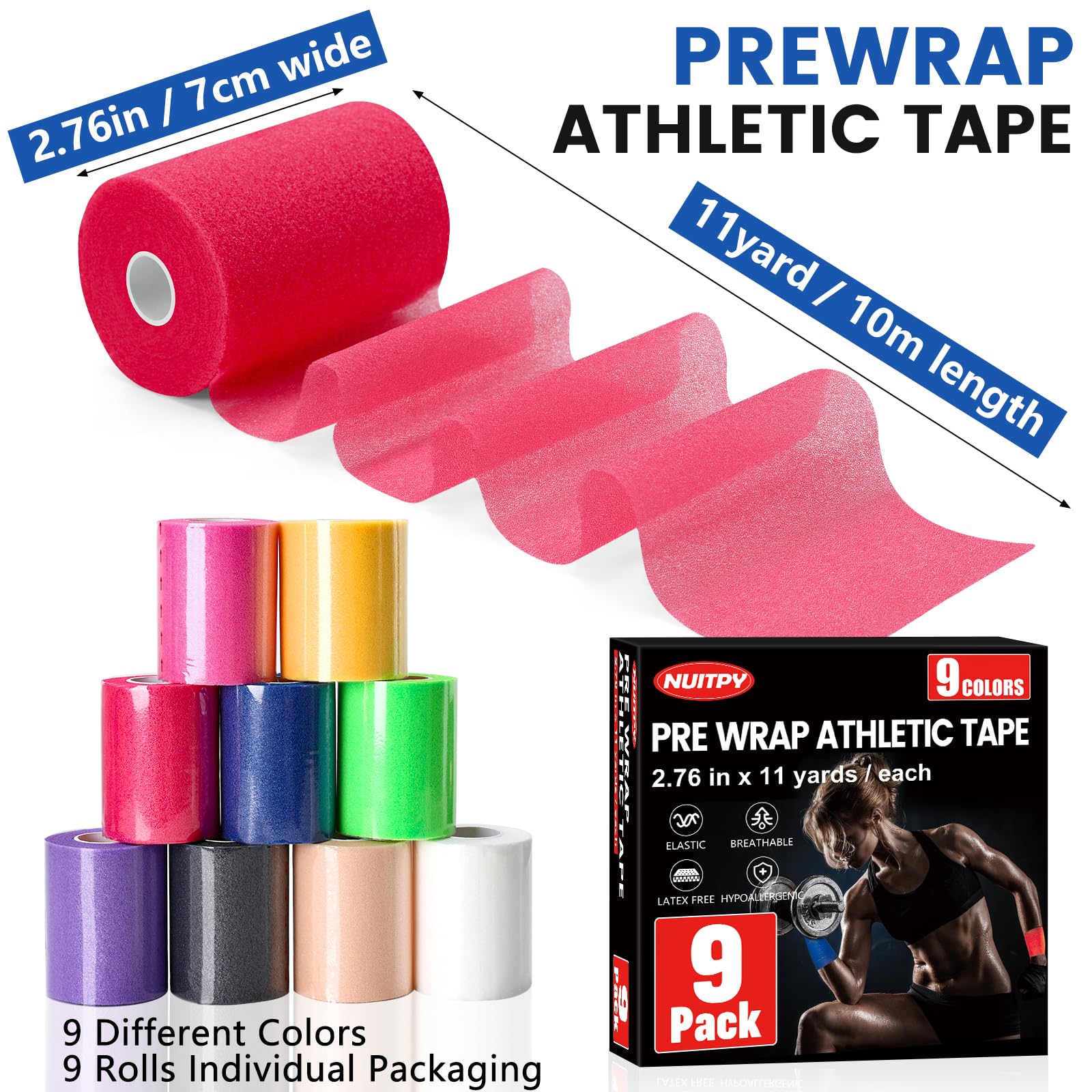 sourcing map Nastro pre-avvolgente per atletica, 27,1 m x 7,1 cm, in schiuma, per sport, fascia per capelli, caviglie, polsi, mani, ginocchia, bianco, 12 rotoli