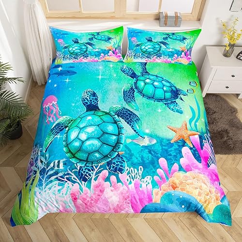Funda de Edredón de Tortuga Marina Verde Azul Juego de Ropa de Cama Ocean Queen, Colorido Mundo Submarino Juego de Funda de Edredón para Niños,