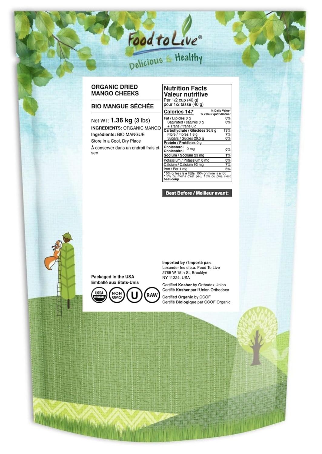 Food to Live - Organic Mango Cheeks, 3 Pounds Dried, Non-GMO, Kosher, Unsulphured, Unsweetened, Bulk