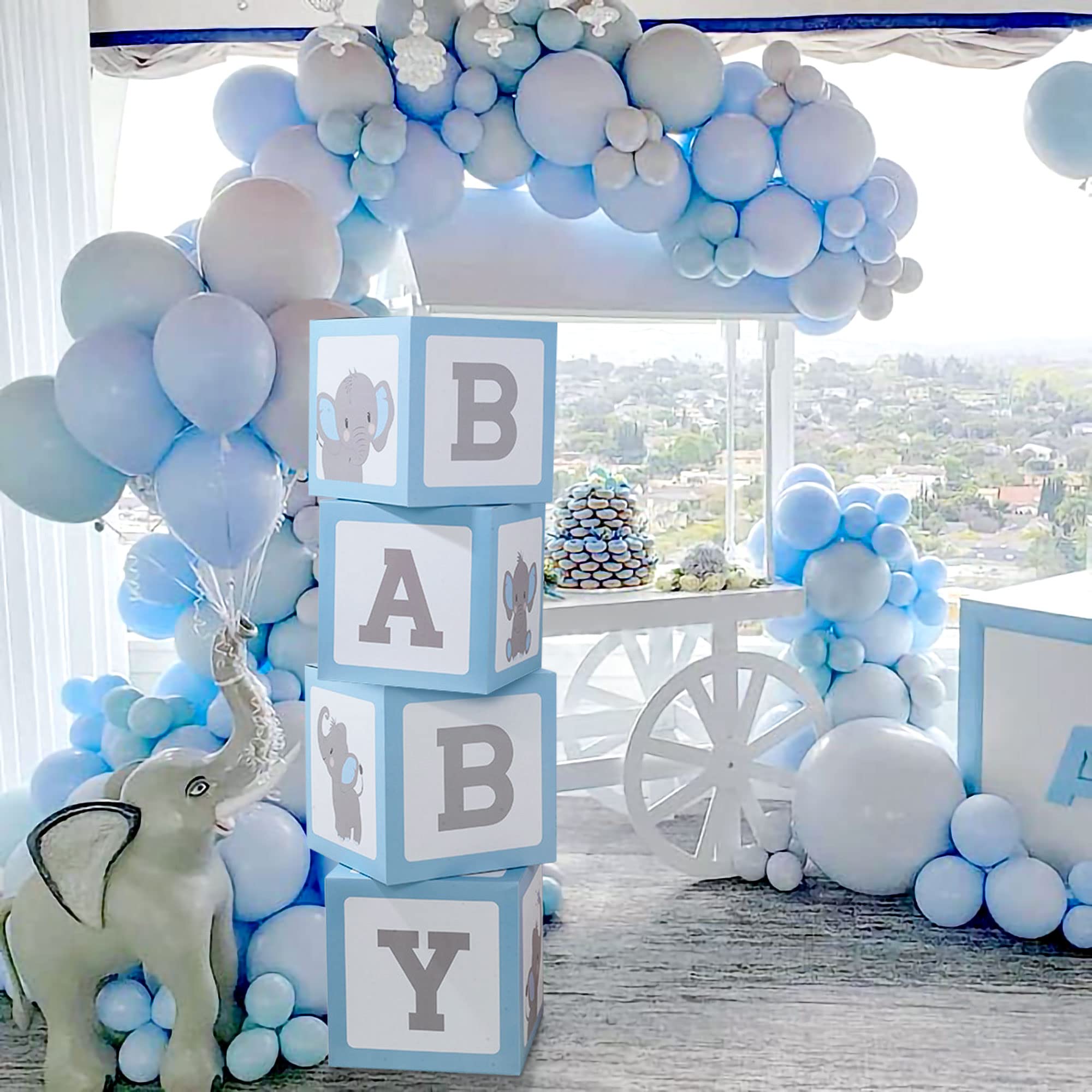 JeVenis Blue Baby Shower Decorations Elephant Boxes Baby Boy Party Decorations Transparent Balloon Boxes Party Boxes Block Baby Shower Party Supplies
