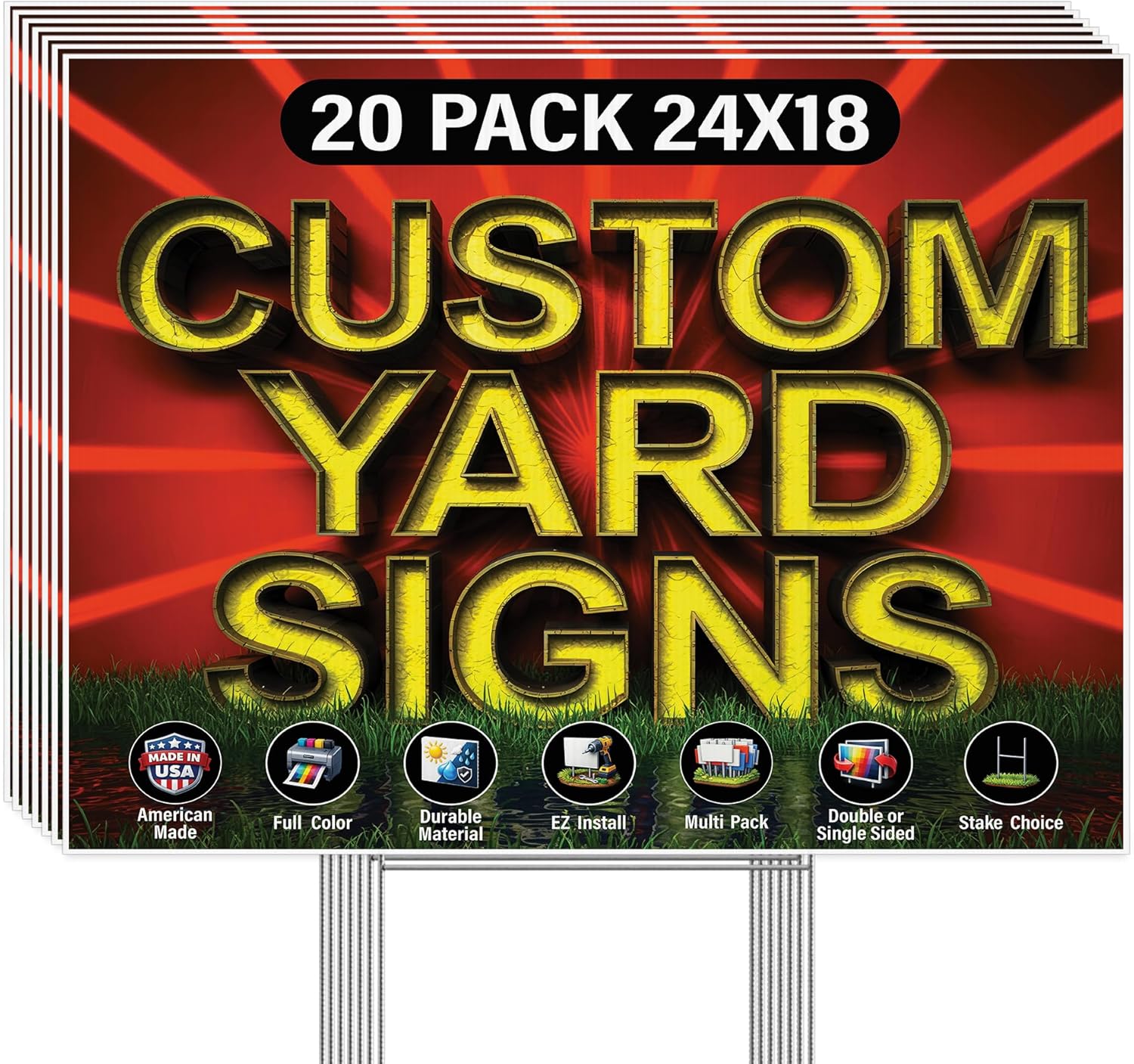20 Pack of 24x18 inch Custom Yard Signs, Double and Single Sided Print, Metal H-Stakes, Durable 4mm Coroplast, Personalized Full Color Printing