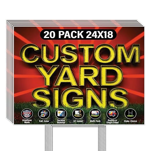20 Pack of 24x18 inch Custom Yard Signs, Double and Single Sided Print, Metal H-Stakes, Durable 4mm Coroplast, Personalized Full Color Printing