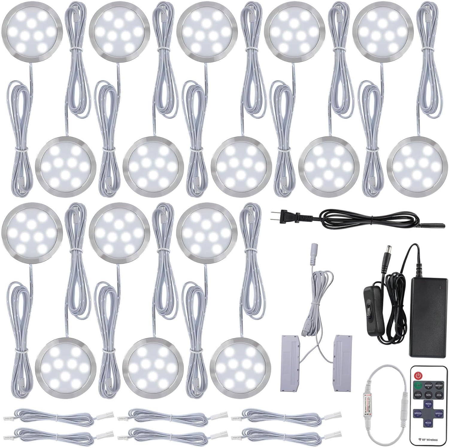 Under Cabinet LED Puck Lighting, Book Case Display Accent Lighting, Octopus Connection, 110VAC Wall Plug & Hard Wire, Inline Remote Dimmable, Cool White, 16 Lights