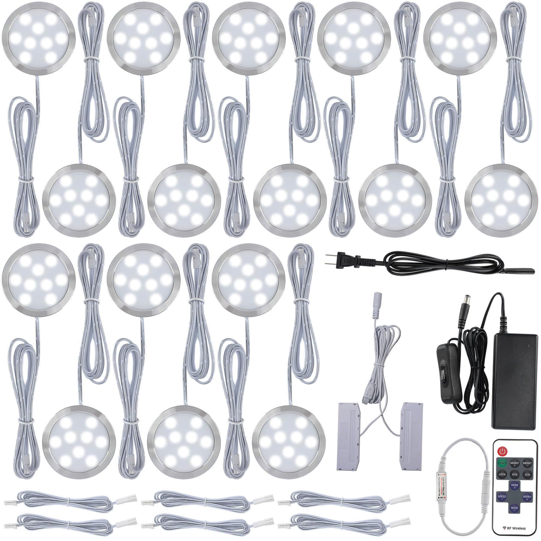 Meigour Under Cabinet LED Puck Lighting, Book Case Display Accent Lighting, Octopus Connection, 110VAC Wall Plug & Hard Wire, Inline Remote Dimmable, Cool White, 16 Lights