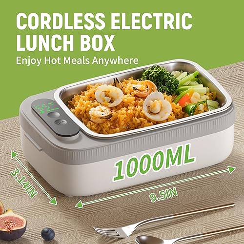 Miniatura 2 de Fiambrera eléctrica inalámbrica, 14000 mAh recargable con bolsa grande para adultos, calentador de alimentos portátil autocalentable de 1 litro para