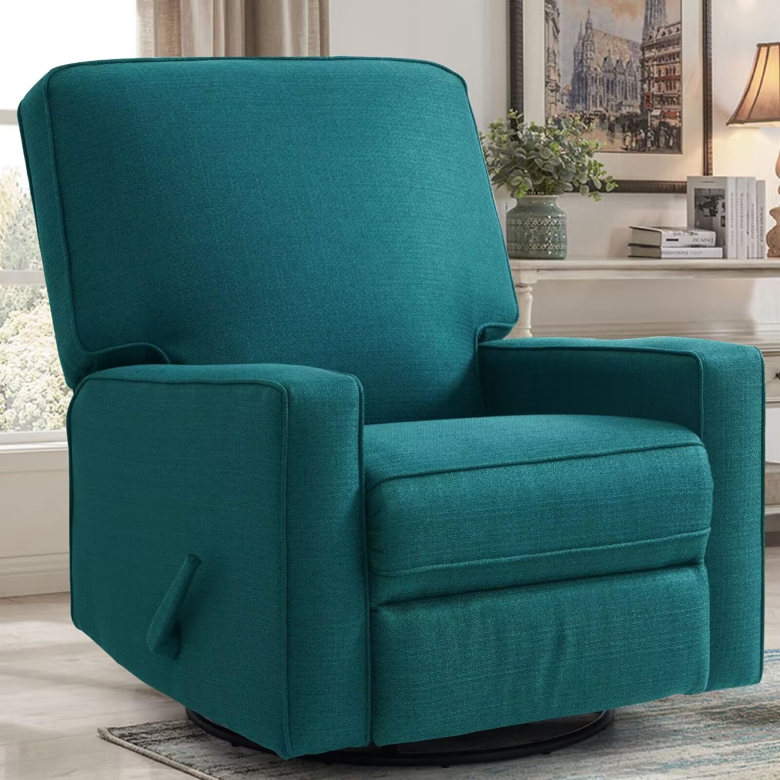 Harkawon Swivel Rocker Recliner Chair, Glider Rocker Recliner, Rocking Chair Nursery, Fabric Chair with High Back, Deep Seat, for Living Room, Bedroom, Dark Green