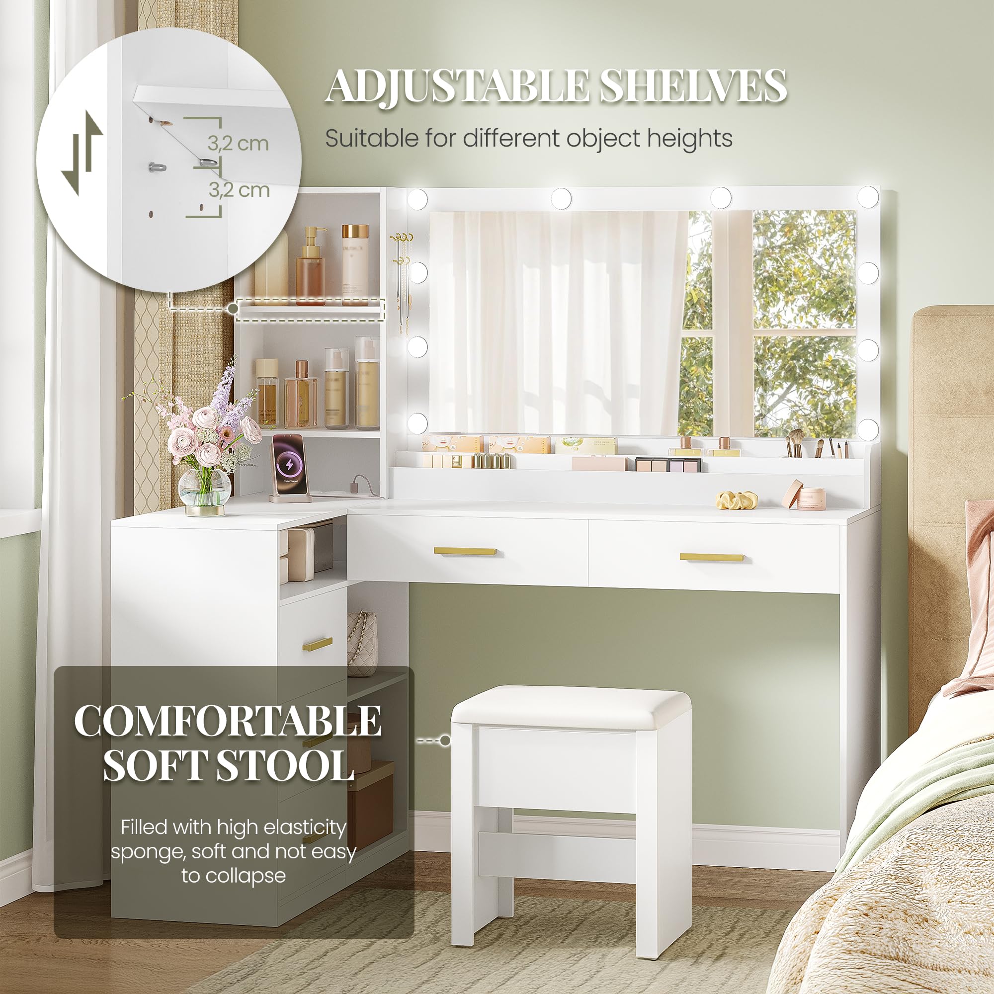 HEXCELEN Tocador de Maquillaje con Espejo LED, Brillo Ajustable, Mesa de Maquillaje con Toma de Corriente, Tocador con Taburete, 5 Cajones, Estantes de Almacenamiento, 40 × 120 × 139 cm, Blanco