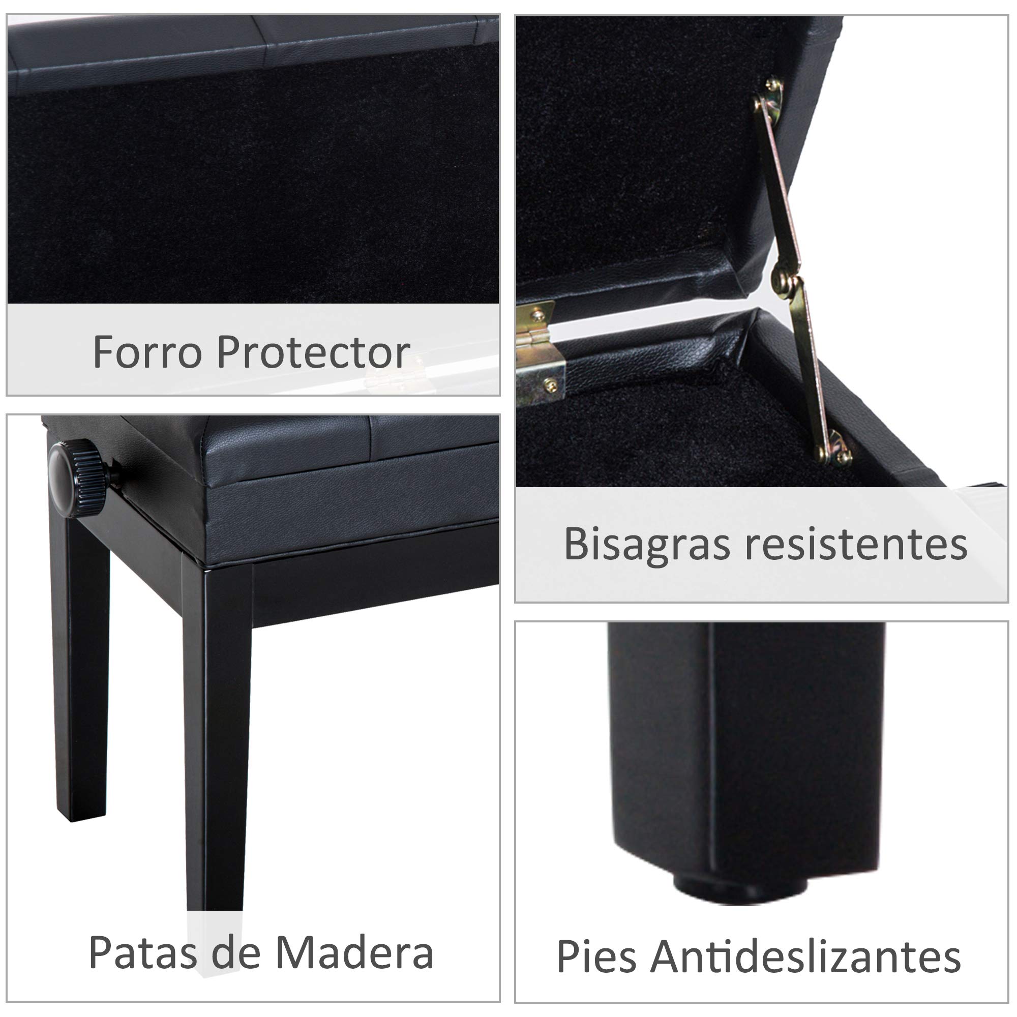 HOMCOM Banqueta para Piano Banco para Piano con Ajustable en Altura de 48 a 58 cm Espacio de Almacenamiento Patas de Madera Taburete para Teclado Acolchado 54,5x33x48-58 cm Negro