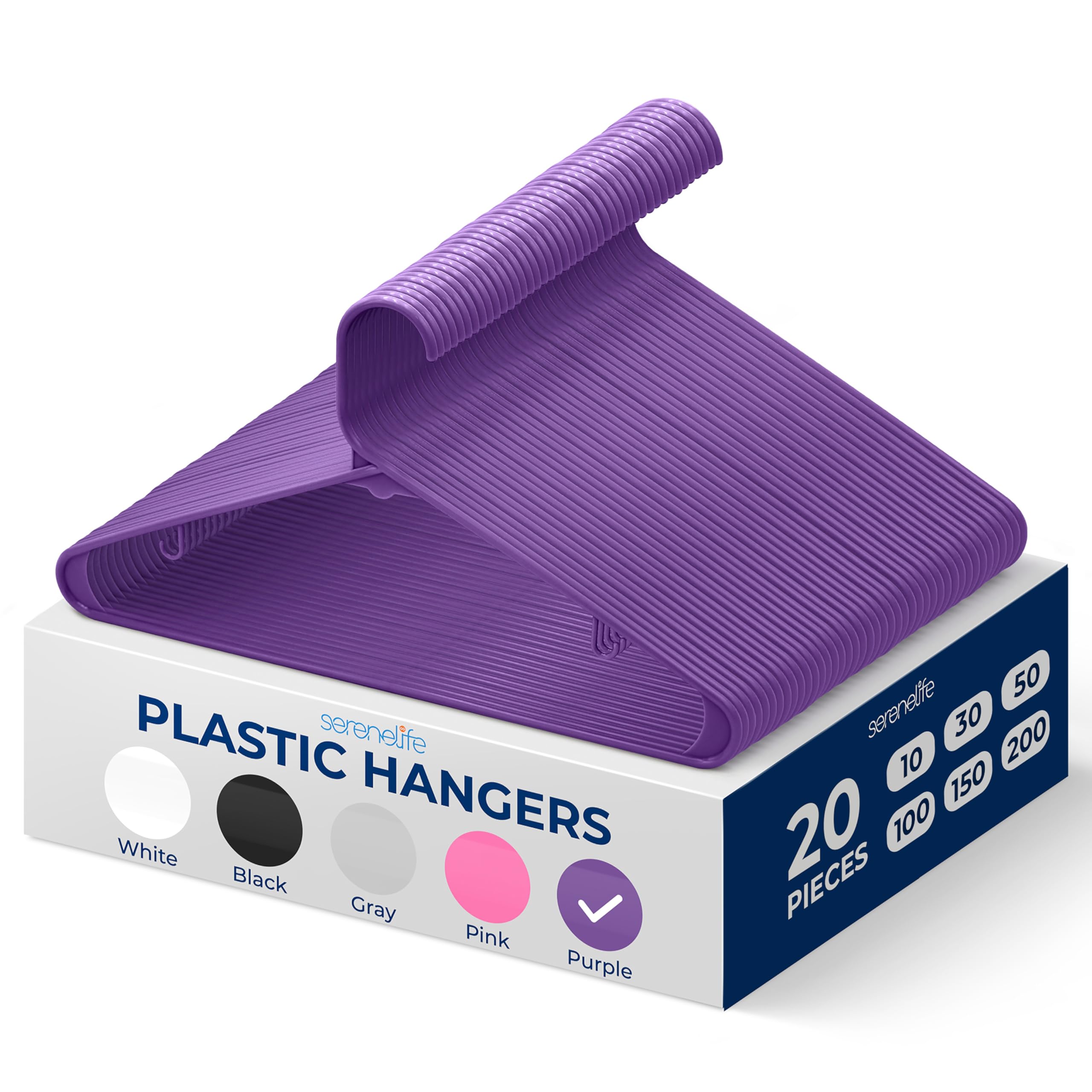 SereneLife Plastic Hangers 20 pcs, Non-Slip Heavy Duty Clothes Hanger Set with 360° Swivel Hook, Smooth Finish to Protect Fabric, Lightweight, Ultra-Thin Hangers for Coats and Other Clothes (Purple)