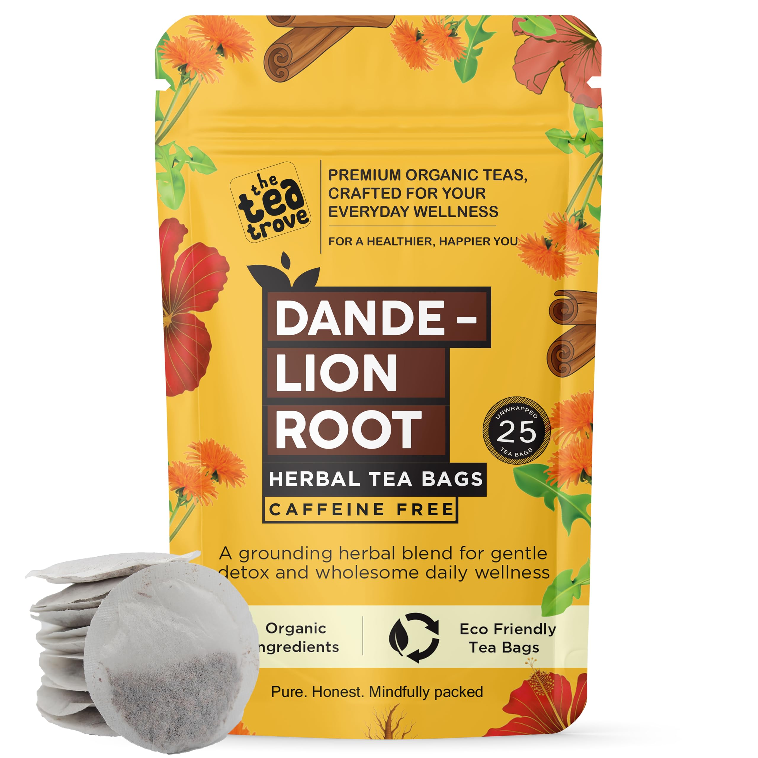 the tea trove Organic Dandelion Tea Bags, 25 Eco-Friendly Dandelion Root Tea Bags in Resealable Bag, Caffeine-free Digestive Tea, Detox Tea, Hot or Iced Cooled, 0.05kg