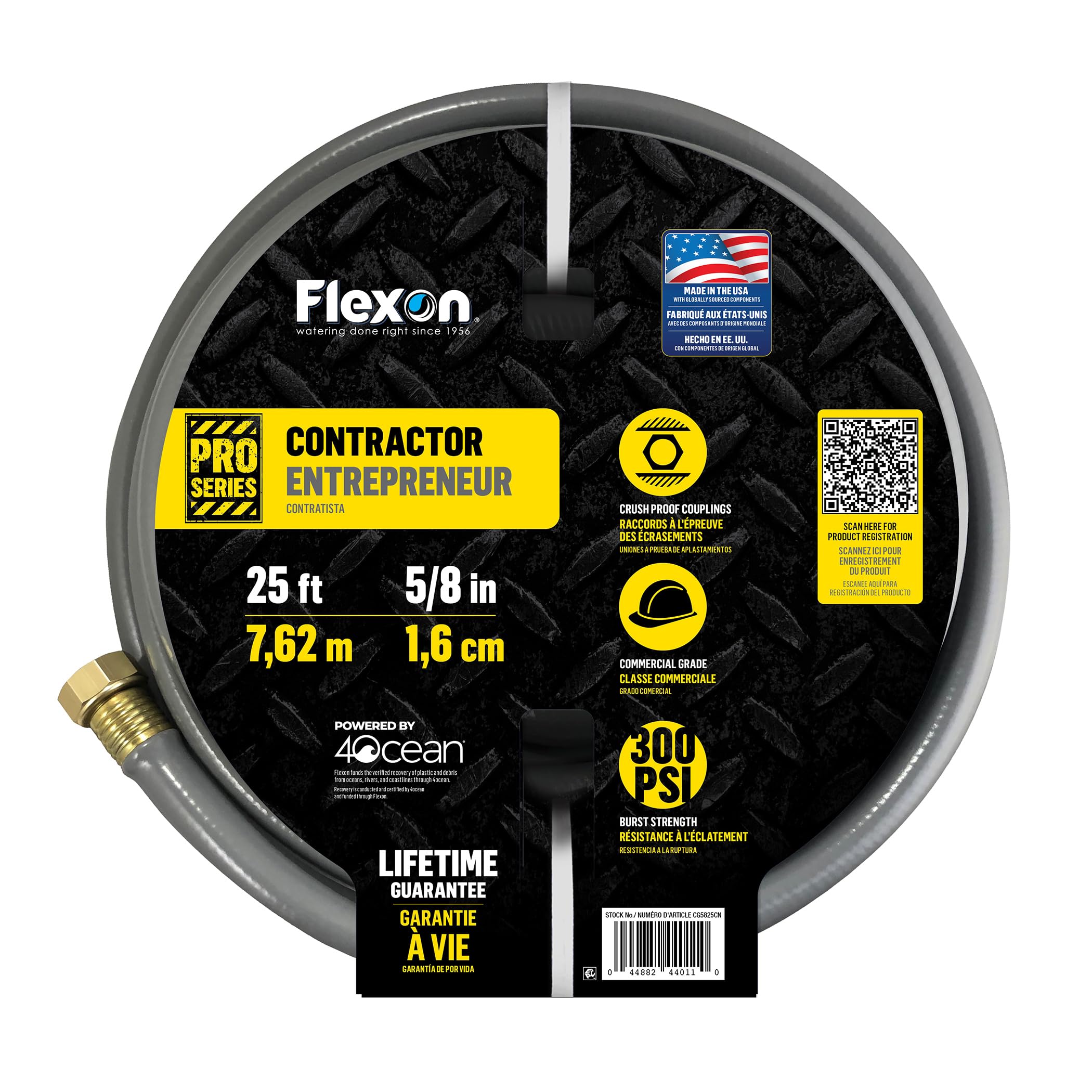 5/8" x 25-Foot Contractor Grade Garden Hose by Flexon – 25 ft, Rubber, Gray, Model CG5825CN