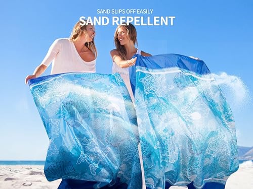 Miniatura 4 de WIWIGO Manta de playa a prueba de arena, extra grande, impermeable, de secado rápido, sin arena, hecha de poliéster de primera calidad con 4 estacas