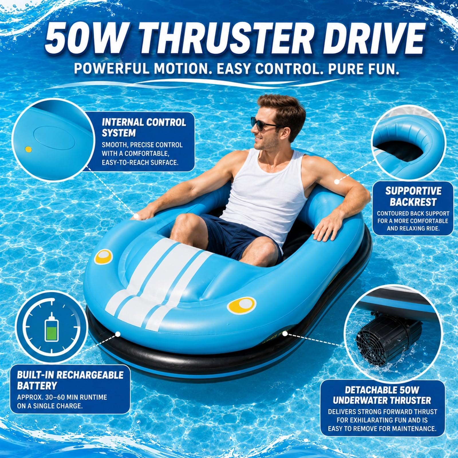 Bateau Auto-Tamponneur Électrique Gonflable et Flotteur Motorisé Adulte | Bouée Tamponneuse à Moteur 50W avec Rotation 360°, Joystick, Capacité 120kg, Pompe Sans Fil et 2 Batteries