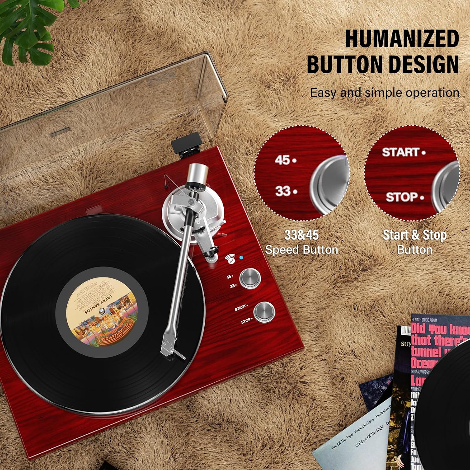 Belt Drive Turntable for Vinyl Record Player, Bluetooth Output, Built-in Phono Preamp, USB Digital Output, Magnetic Cartridge, 33/45 RPM, High-Gloss Wood Design, No Built-in Speakers(Red)
